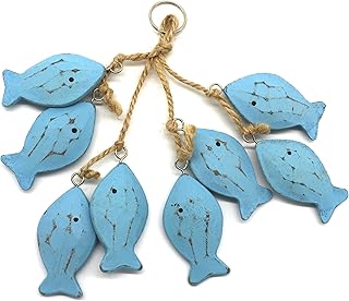 CVHOMEDECO. 3 Inches Hand Carved Wood Fish Hanging with Jute Rope Nautical Decorated, Mediterranean Style for Wall Hanging Gift Crafts, Blue, 8 pcs/Set (Fish)