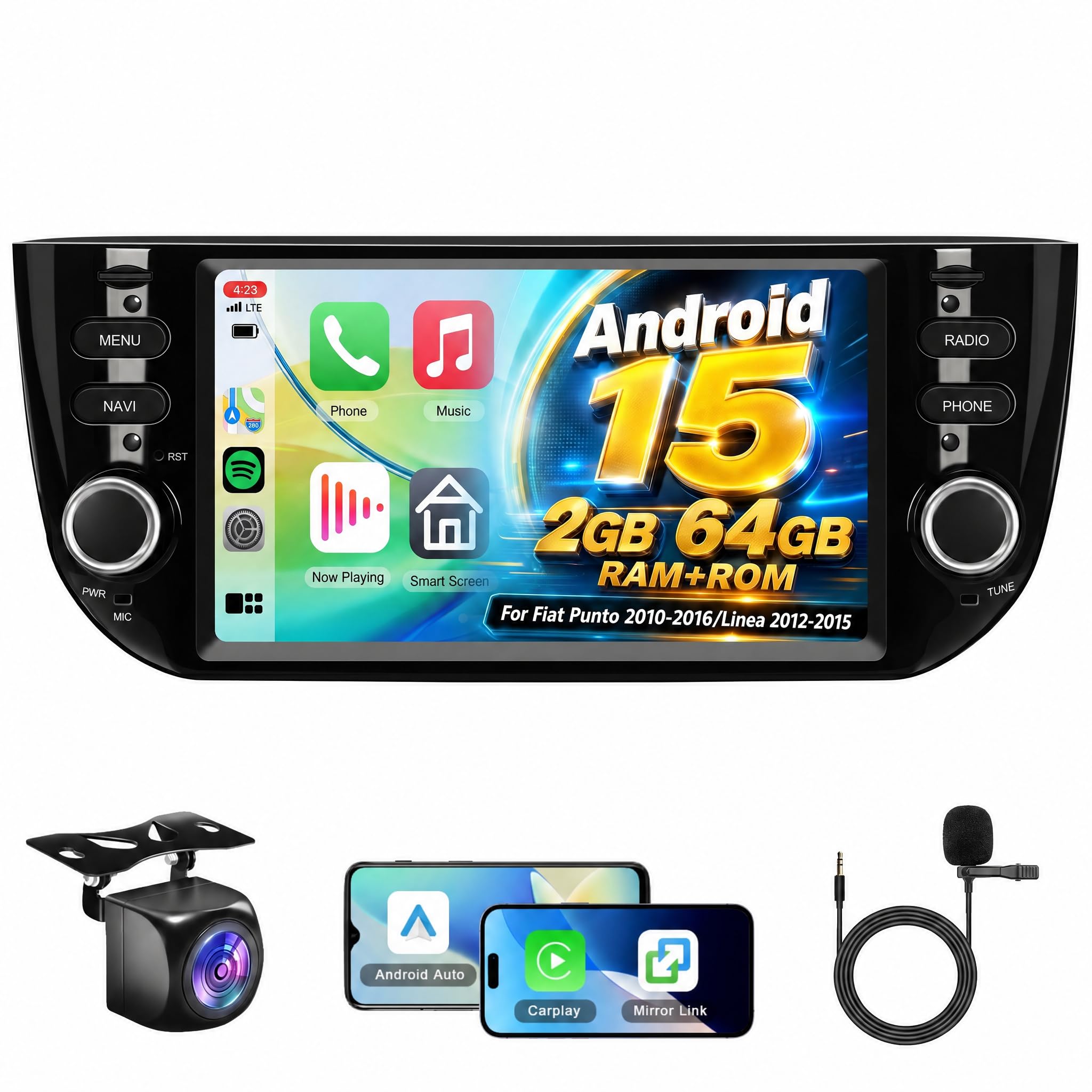 Carplay Autoradio per Fiat Punto 10-16 Linea 12-15 con Android Auto, 2GB+64GB Android Bluetooth Car Stereo Schermo con GPS/WiFi/RDS/FM/SWC/USB/Mirror Link+AHD/CVBS Telecamera Posteriore
