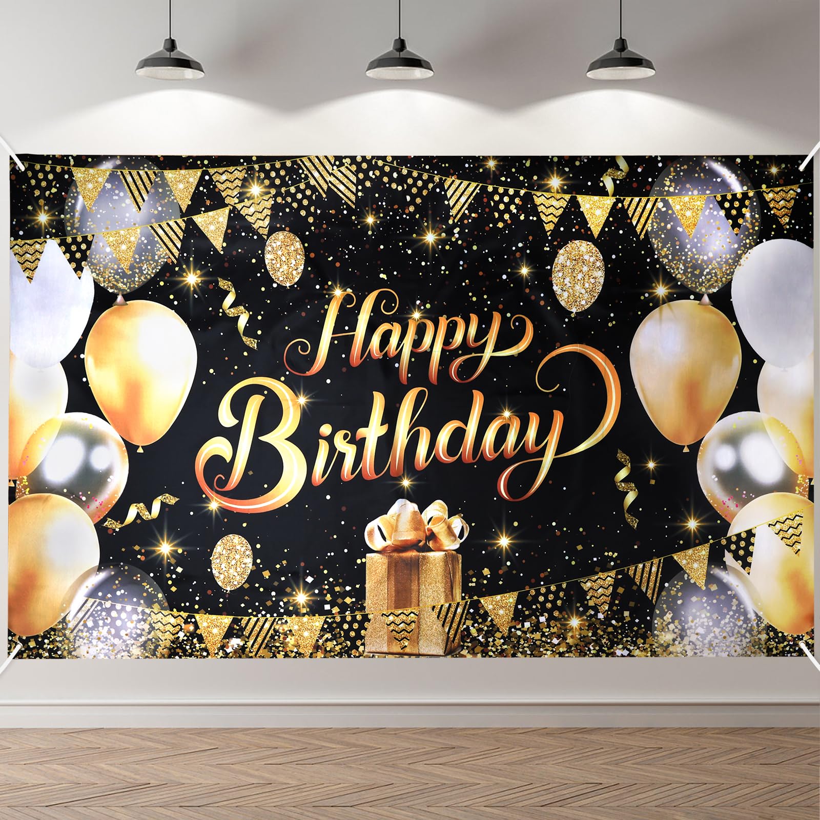ANOMM Geburtstag Banner Schwarzes-Gold, Happy Birthday Banner, Geburtstag Dekoration für Drinnen und Draußen, Extra Groß Party Geburtstagsdeko Hintergrund (180 x 110 cm)