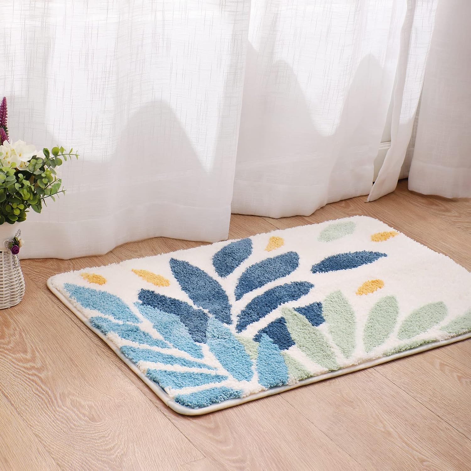 Tiita Indoor Doormat, Front Back Door Mat, Machine Washable Soft Bathroom Floor Mat for Entrance, 32x20 Inch Bathroom Rugs, Blue Leaves