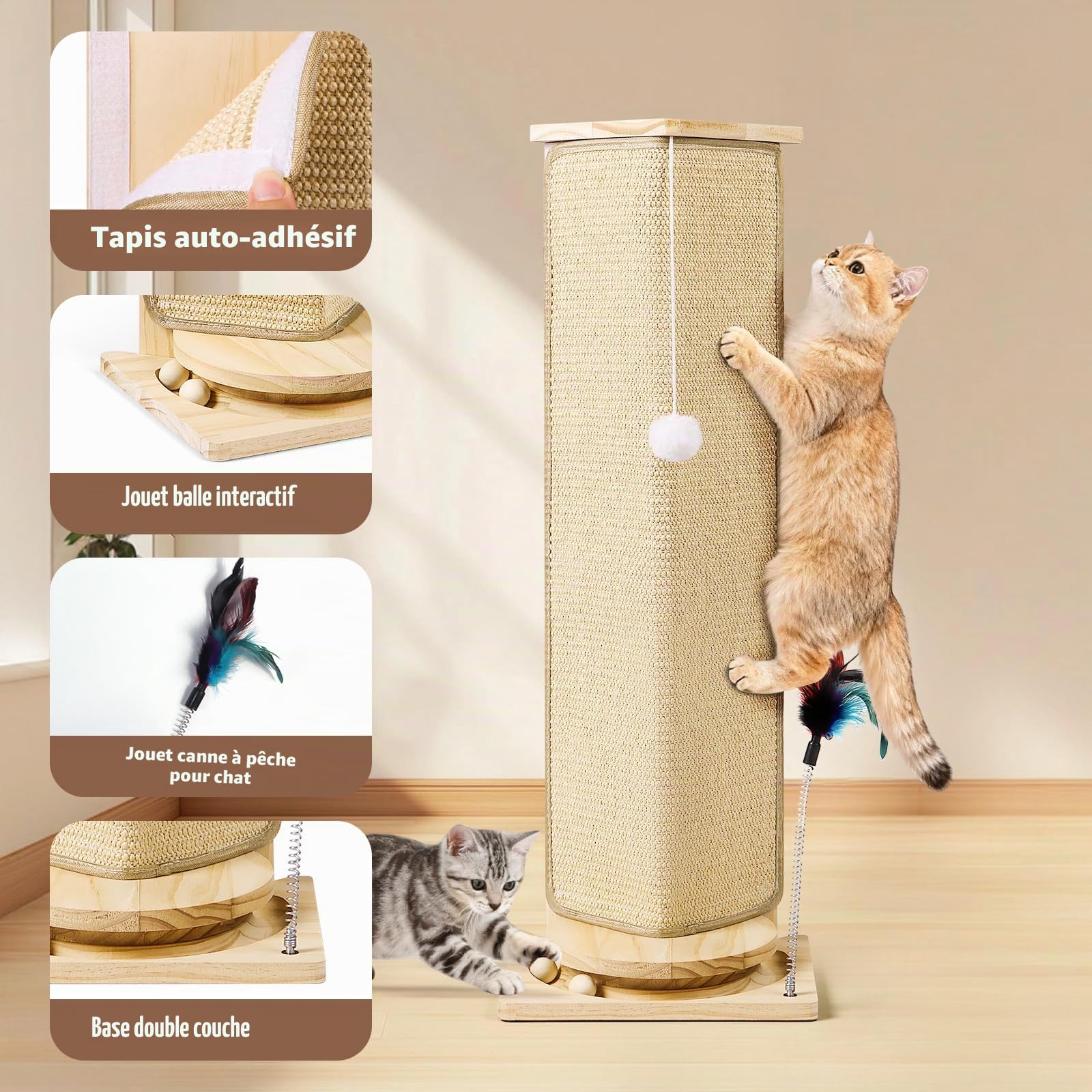 Griffoir d'angle pour chat de 78,7 cm de haut avec balles interactives, griffoir en sisal remplaçable pour chats d'intérieur, protection de meubles pour mur de canapé