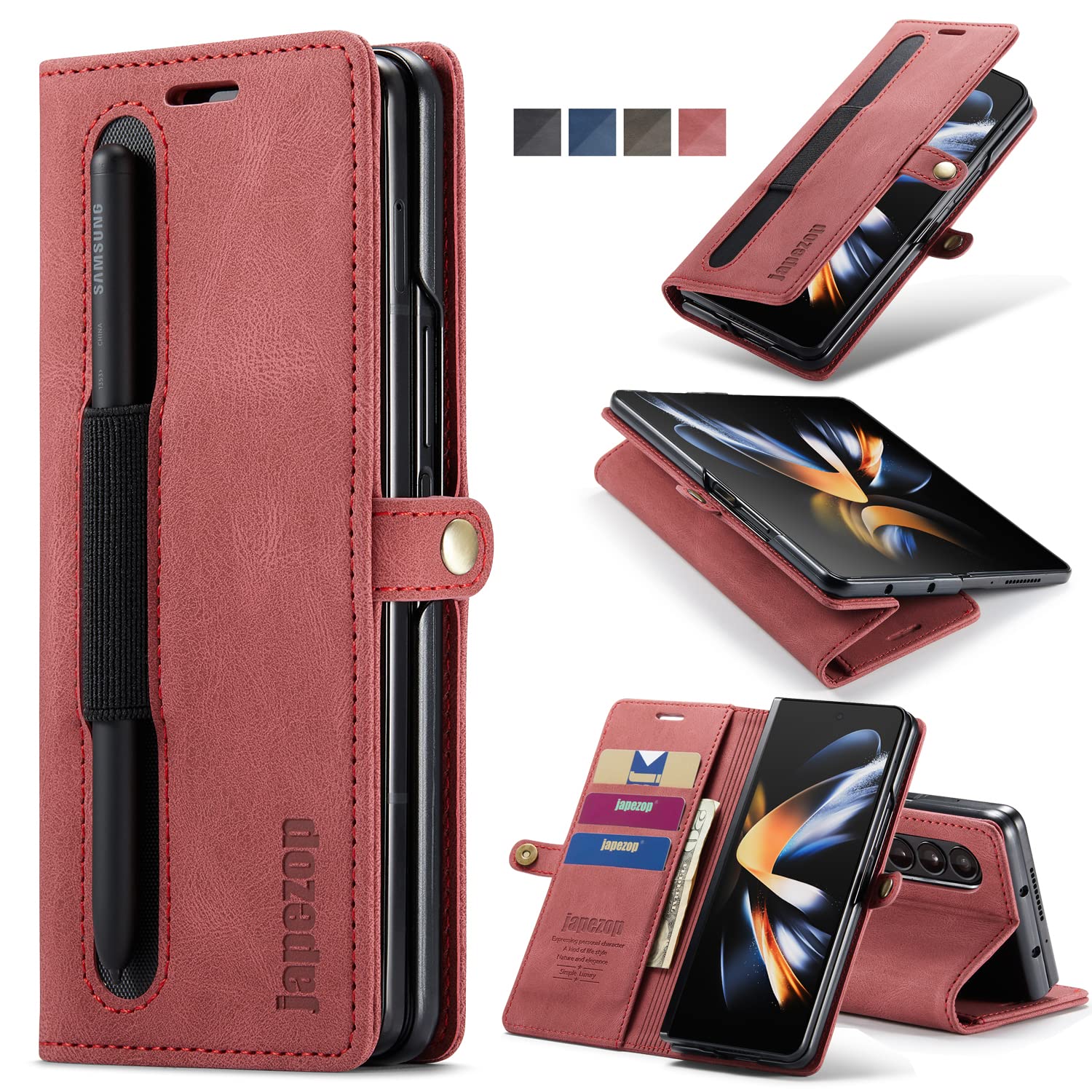 Samsung Galaxy Z Fold 4 Case,Galaxy Z Fold 4 Wallet Case with S Pen Holder Card Holder RFID Blocking Kickstand Magnetic,Leather Flip Case Wallet for Samsung Galaxy Z Fold 4 5G 7.6 Inch(2022) (Red)