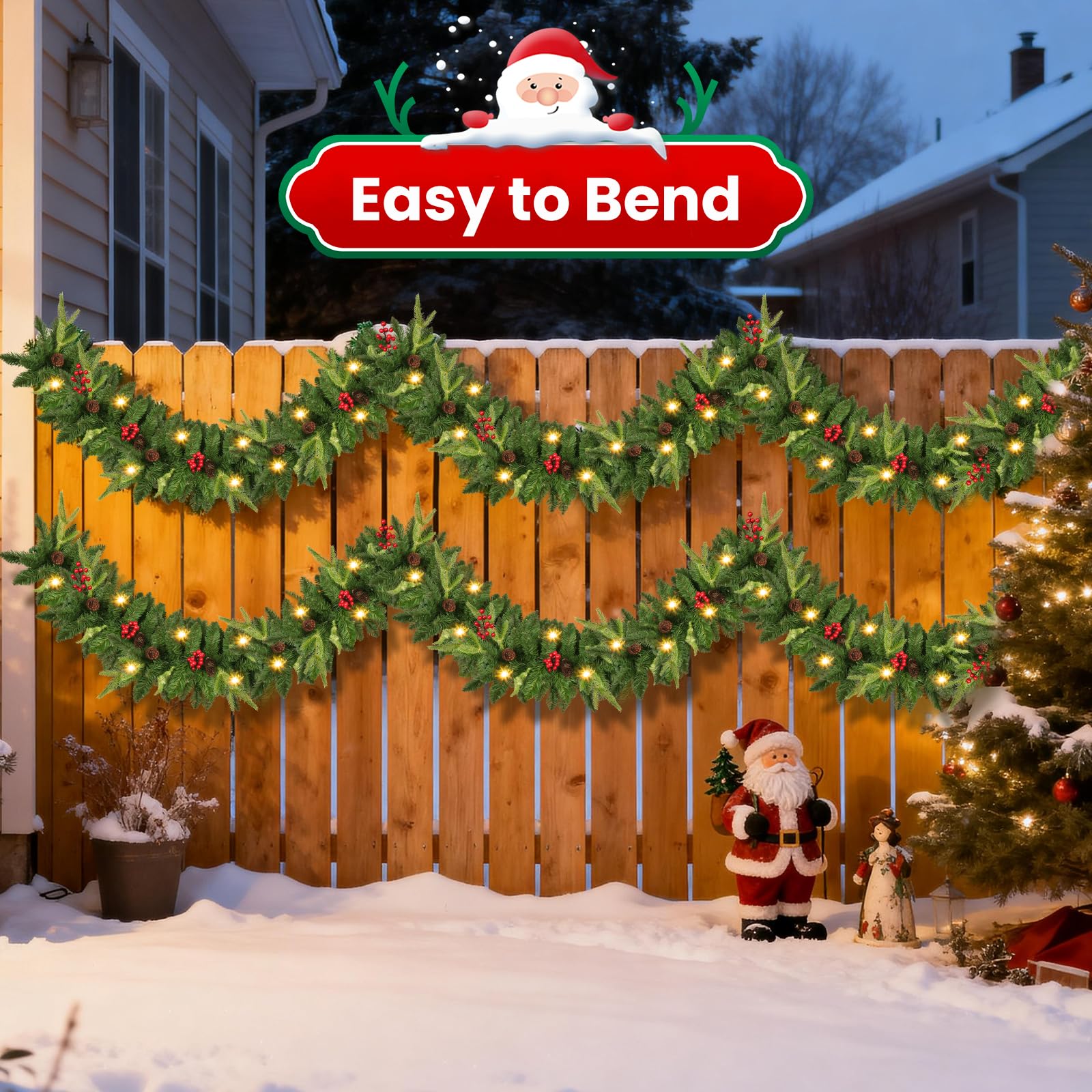 Guirlande de Noël 2,7 M, Rintea Guirlande Sapin Artificiel avec Lumières 30 LED, Étanche Couronne de Noel, Decoration de Noël pour Jardin Mur Cheminée Escalier Sapin de Noel