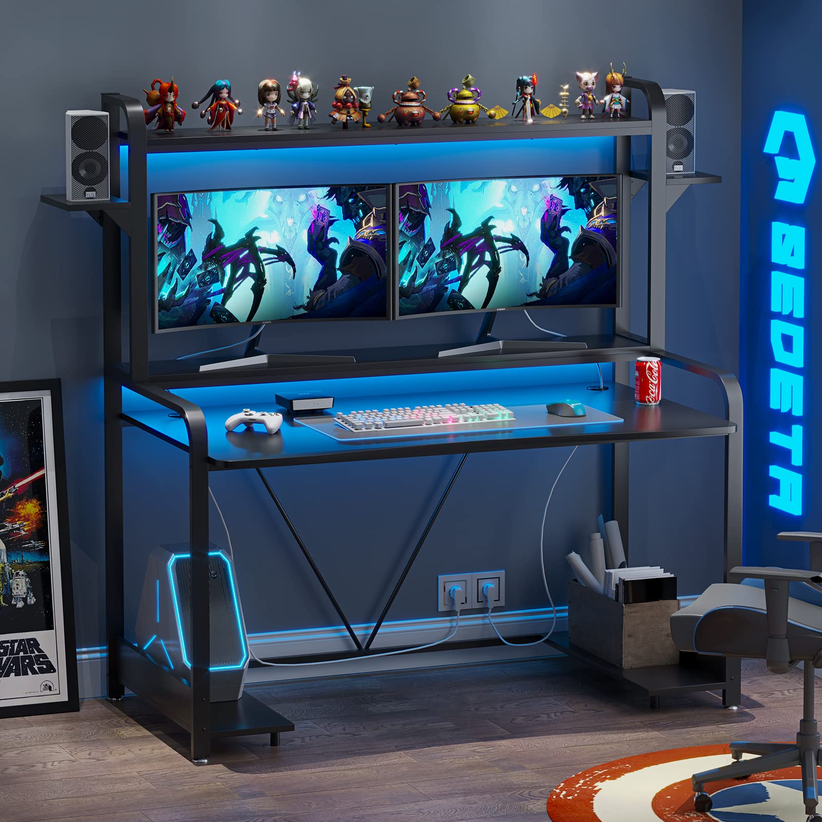 Sedeta Gaming Desk with Shelves and Hutch, 55'' Computer Desk with