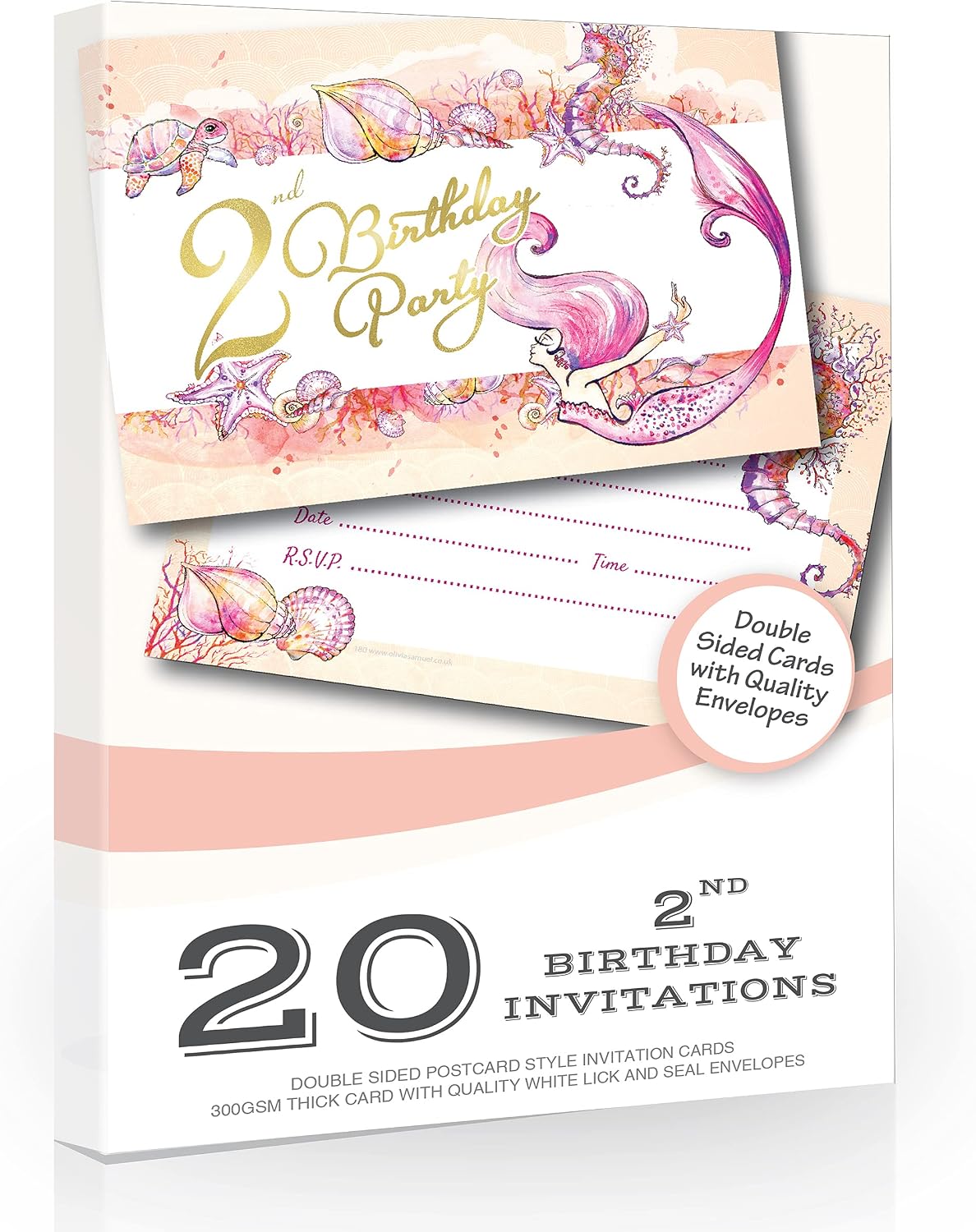 Olivia Samuel 20 x Mermaid 2nd Birthday Party Invitations from Ready to Write with Envelopes, Pink, Coral, Pack20