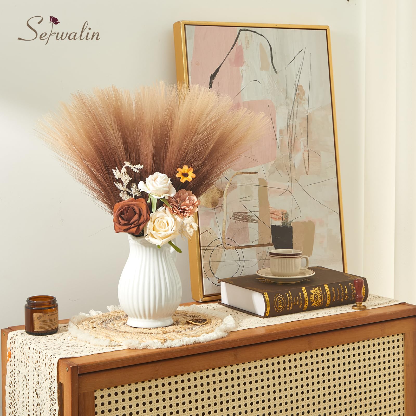 Serwalin Pampas Grass Decor 45CM 6PCS, Faux Pampas Grass Home Decor, Artificial Pampas Grass Blush Fake Pampas Decor - Image 2