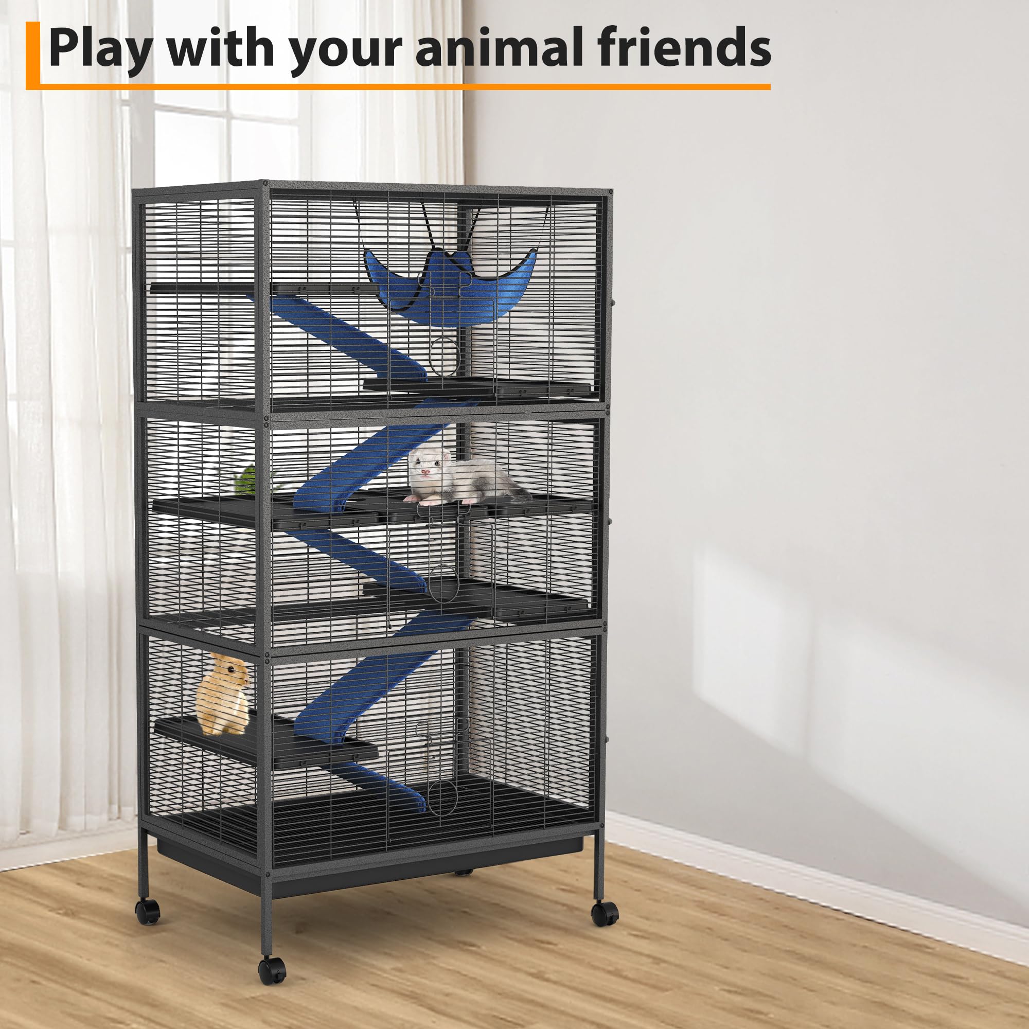 Jaula de roedor de 4 niveles con ruedas, jaula para animales pequeños, portátil, jaulas chinchilla con hamaca para conejo de rata cerdo, 128 x 88 x 55 cm