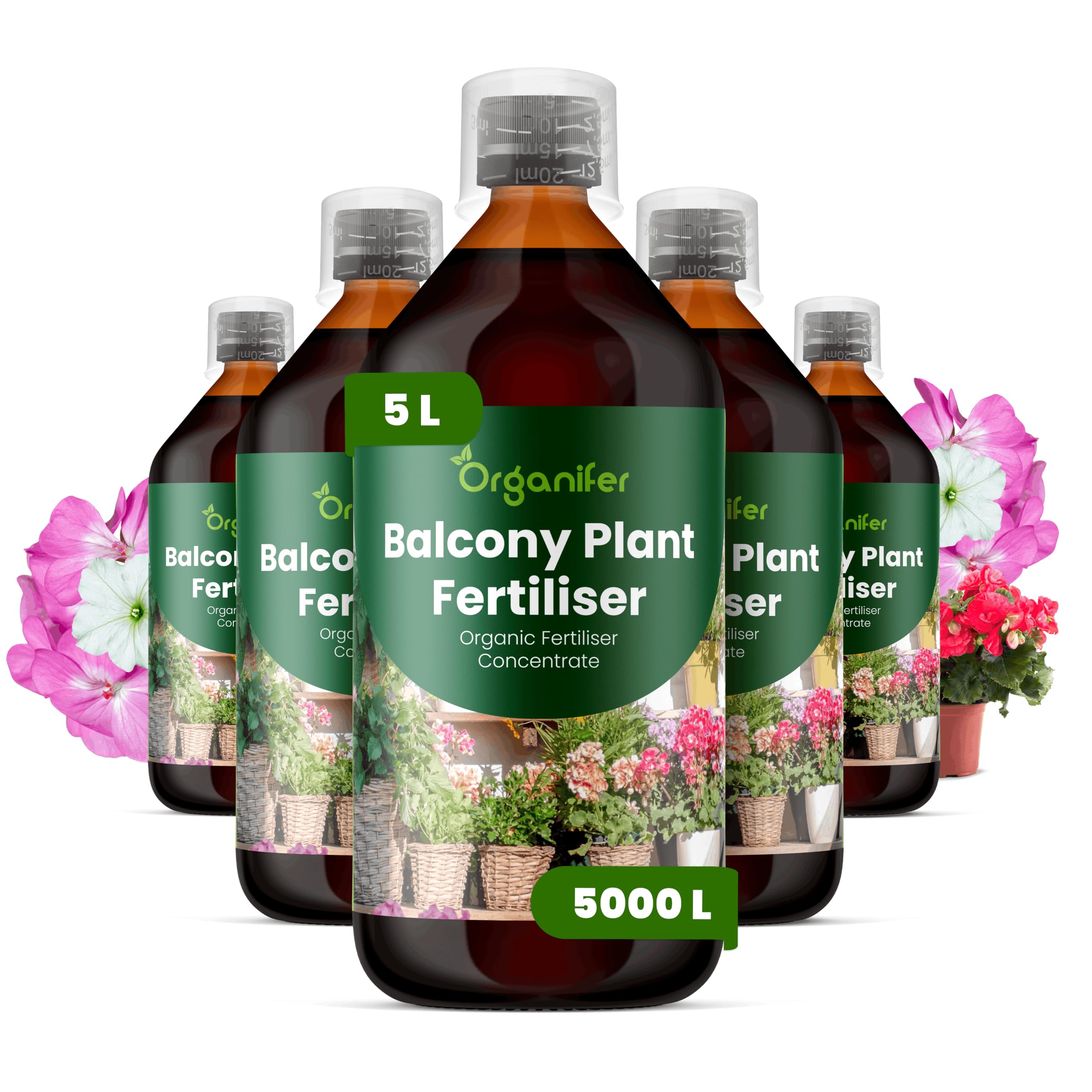 Fertilizante Líquido Para Plantas De Balcón - 5x1L - NPK 2-1-8 | Fertilizante Para Floración Abundante Y Hojas Sanas - Favorece Raíces Y Vitalidad - Organifer