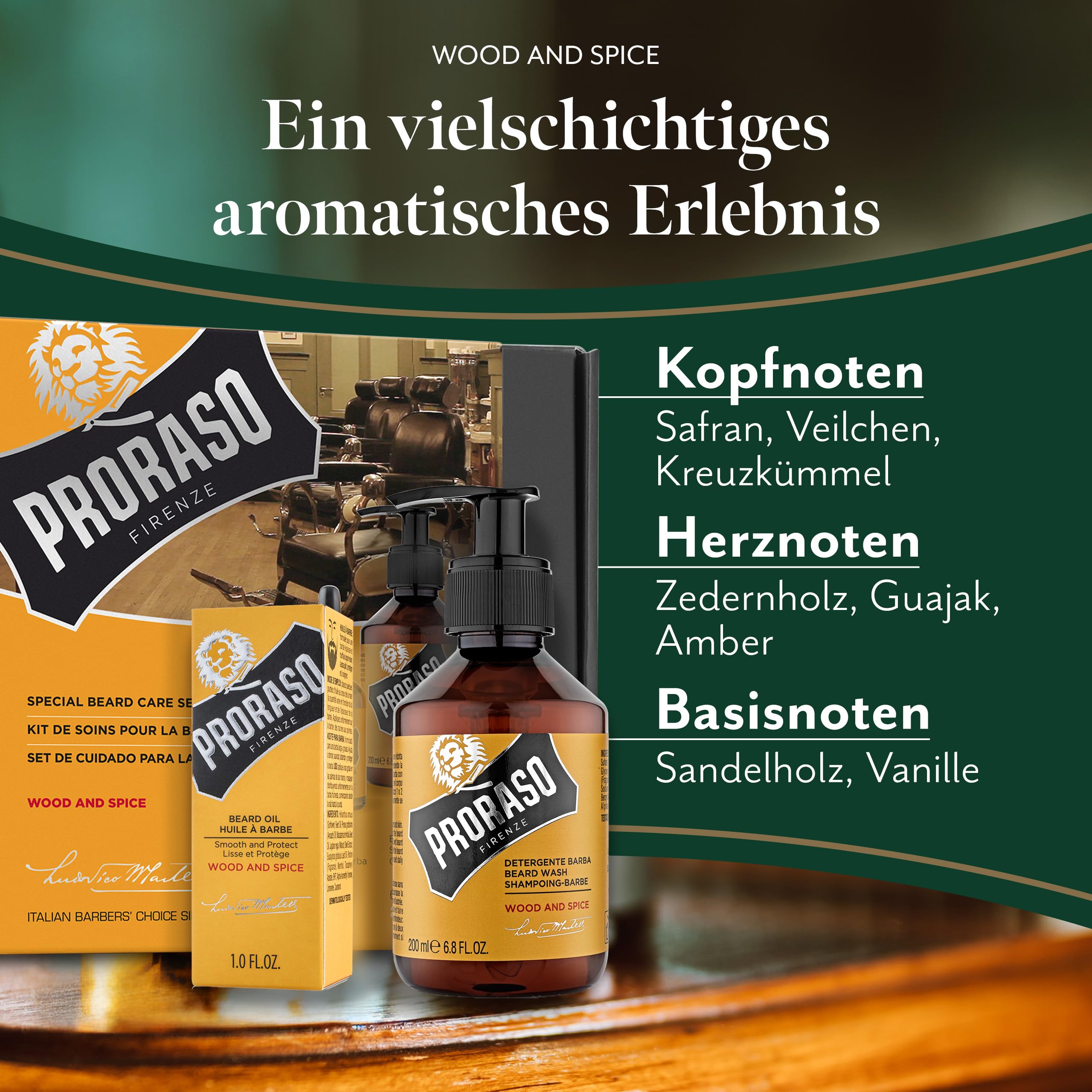 Proraso Wood and Spice Beard Care Duo Kit - Beard Wash and Oil with Warm, Woodsy Scent for Long or Full Beards - Premium Italian Gift Set for Men