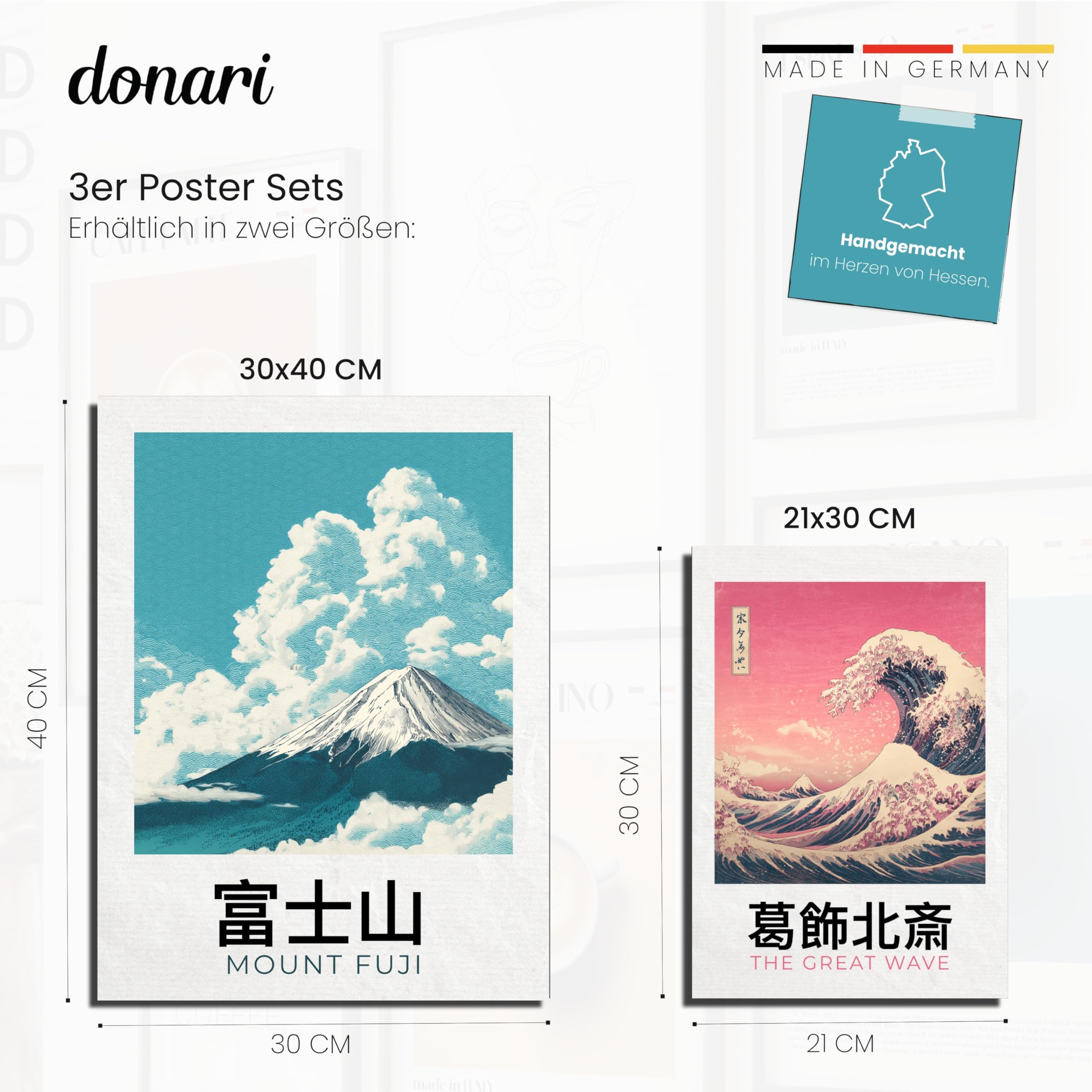 Set di poster giapponesi, quadri da parete con motivi asiatici, Kyoto, Tokyo e cultura tradizionale, idea regalo per gli appassionati del Giappone (set 2 – Classic X Fuji, 30 x 40 cm, cornice