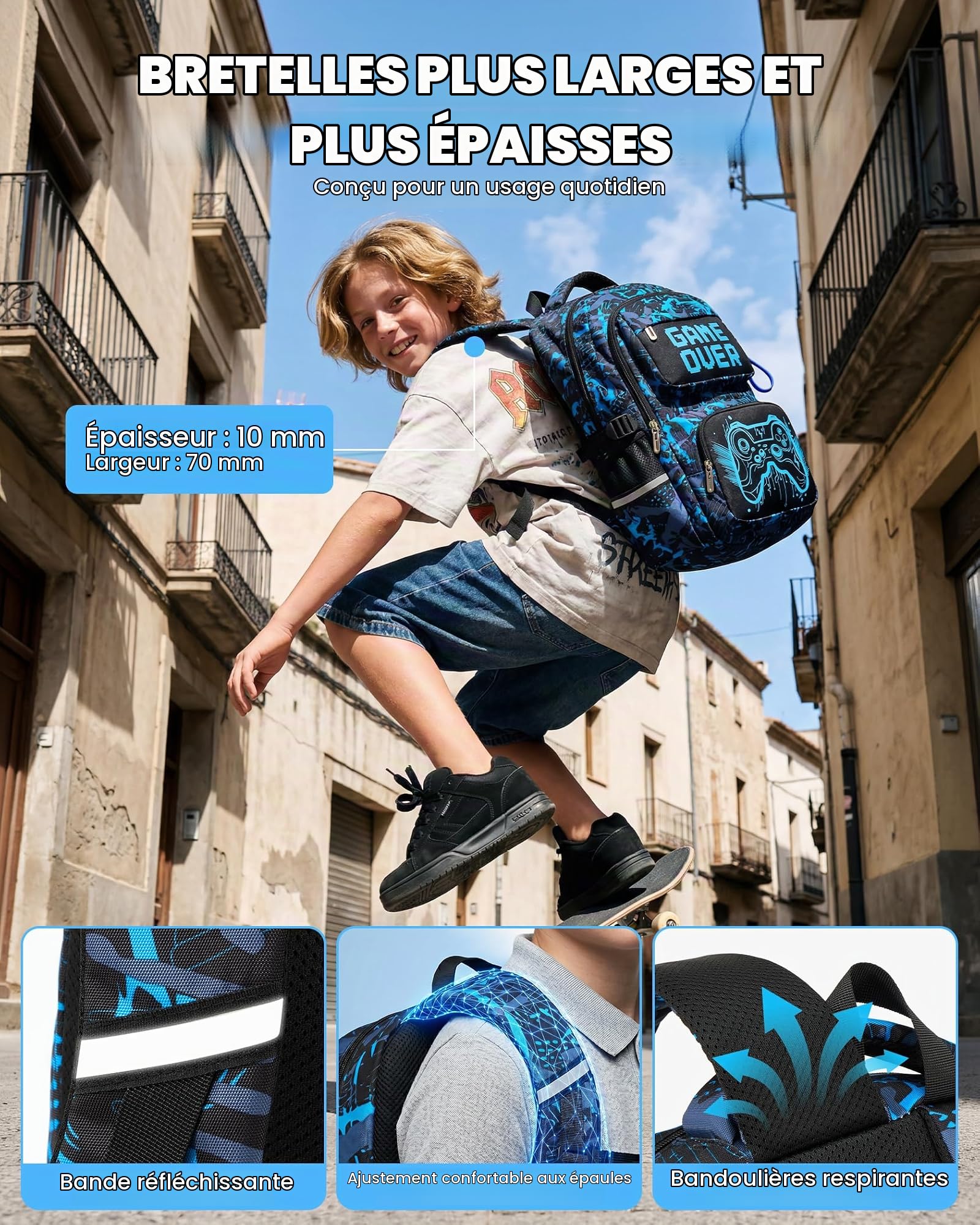 Amythe Sac à Dos Trolley Garçons 8 à 12 ans à 6 Roues Lumineux Grand, Bleu | Imperméable Réfléchissant Ergonomique Bleu Daypack Multi-Poches Spacieux Robuste pour École Voyage Randonnée Loisir