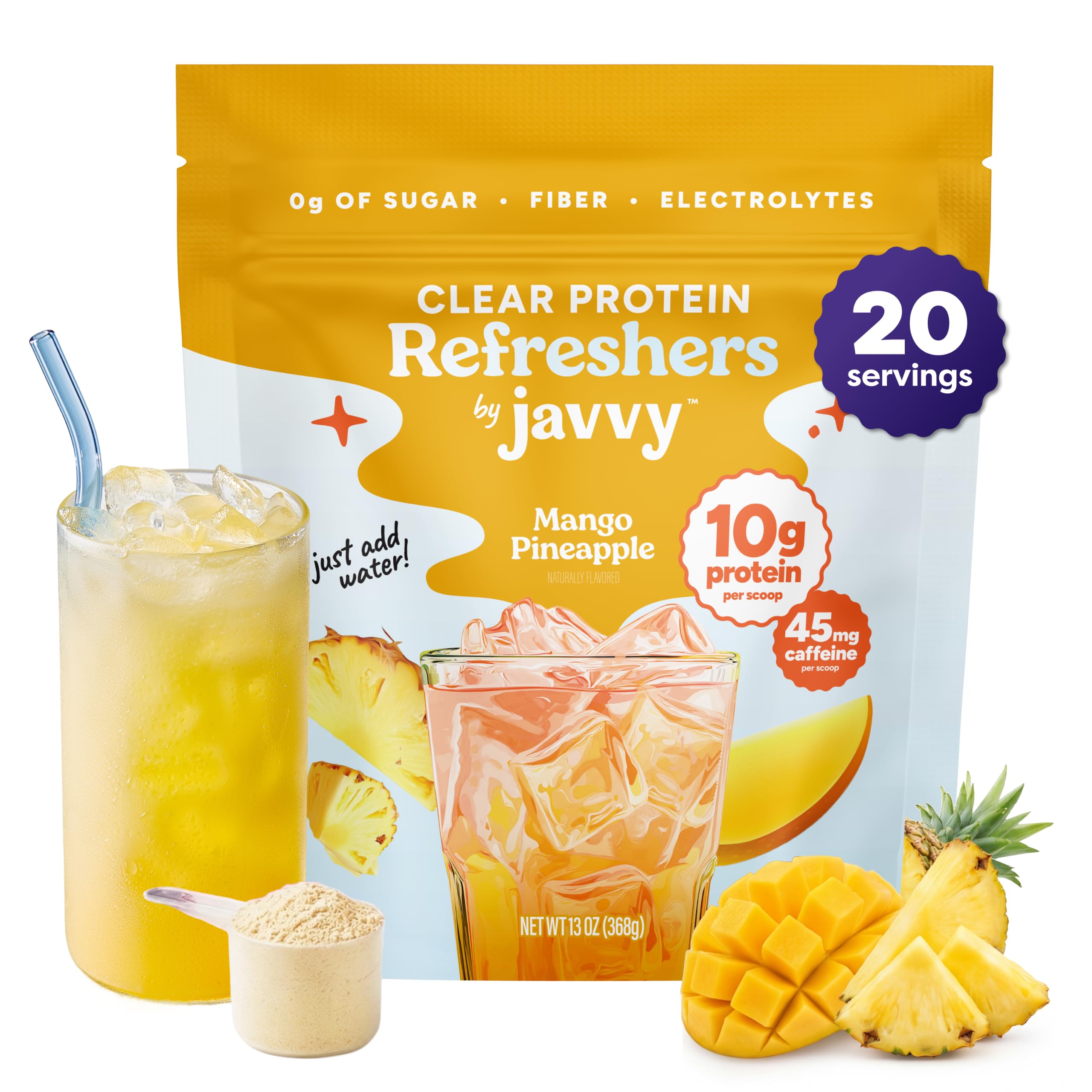 Javvy Suplemento pós-treino com proteína do soro do leite, peptídeos de colágeno, 10 g por porção, sabor abacaxi e manga, 369 g