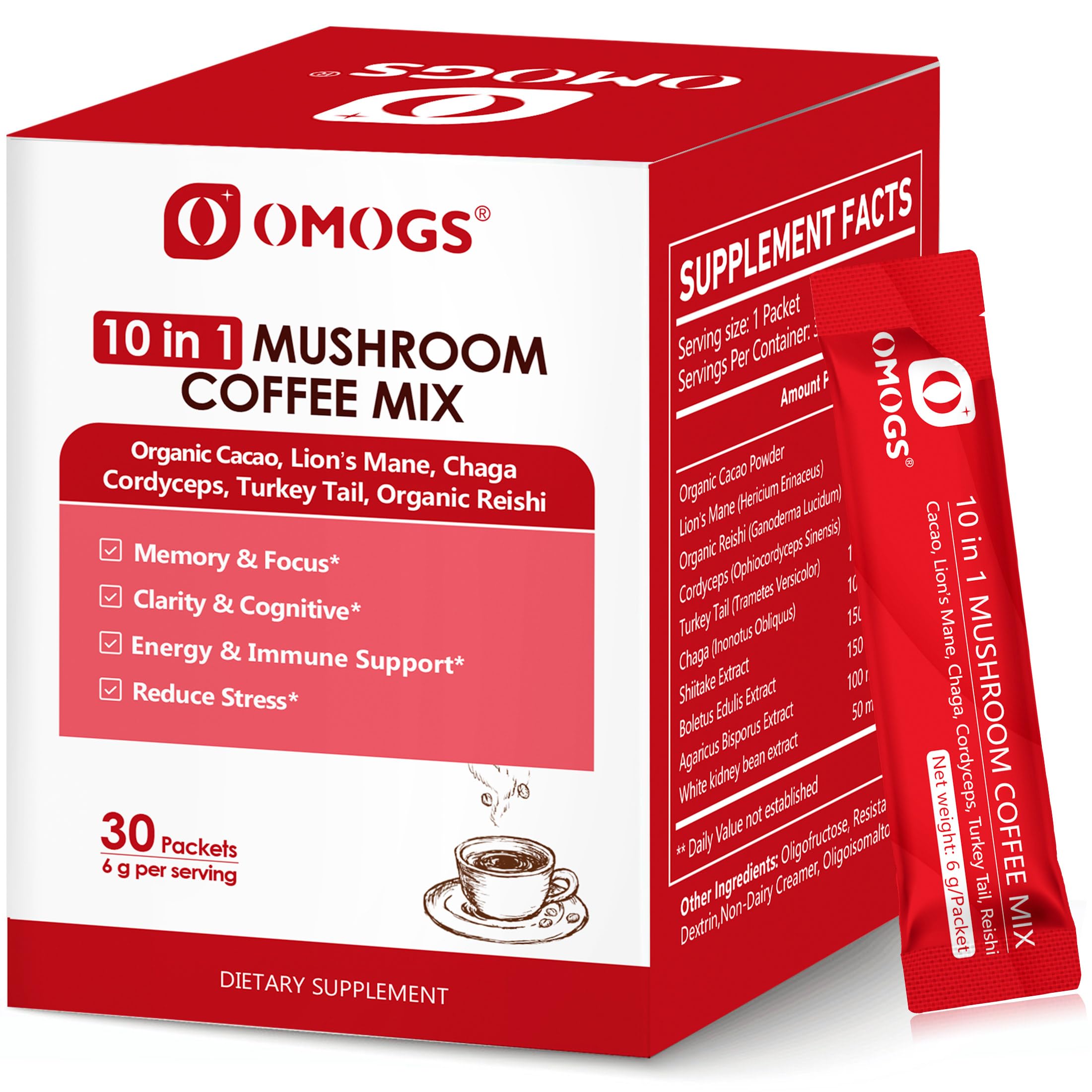 OMOGS Mushroom Coffee, 10 in 1 Extract Powder Blend Lion's Mane, Reishi, Cordyceps, Chaga, Turkey Tail, Instant Coffee-for Energy, Focus, Memory, Digestion & Immunity, 30 Serving