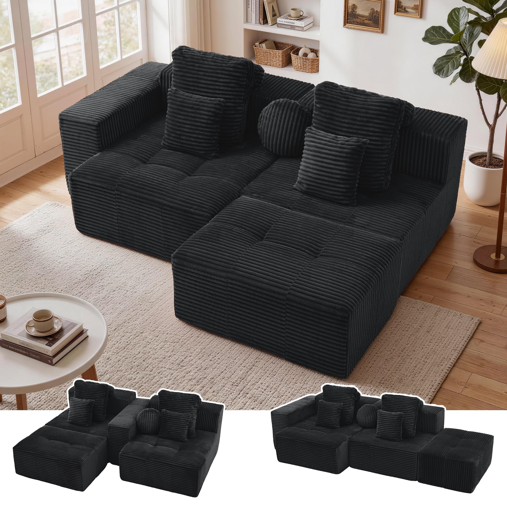 Korser 91" Cloud Sectional Couches for Living Room, Convertible L-Shape Boneless Couch with Ottoman, Comfy Modular Sectional Sofa, Deep Seat Sofa with Throw Pillows for Living Room, Corduroy, Black