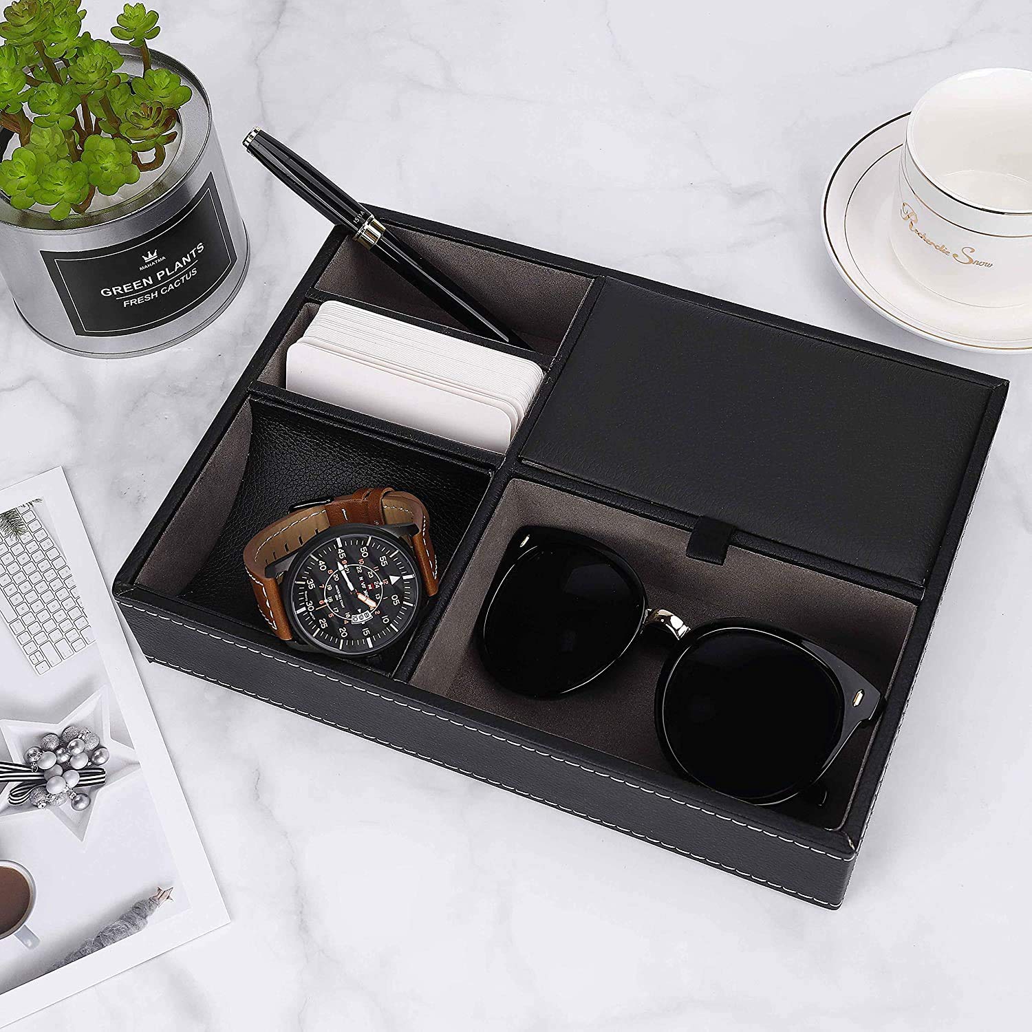 Svuotatasche in Pelle, Accessori Uomo Scrivania Organizer, 5 Scomparti Dresser Portafoglio da ufficio Storage Vassoio Box per Chiavi, Telefono, Portafoglio, Moneta