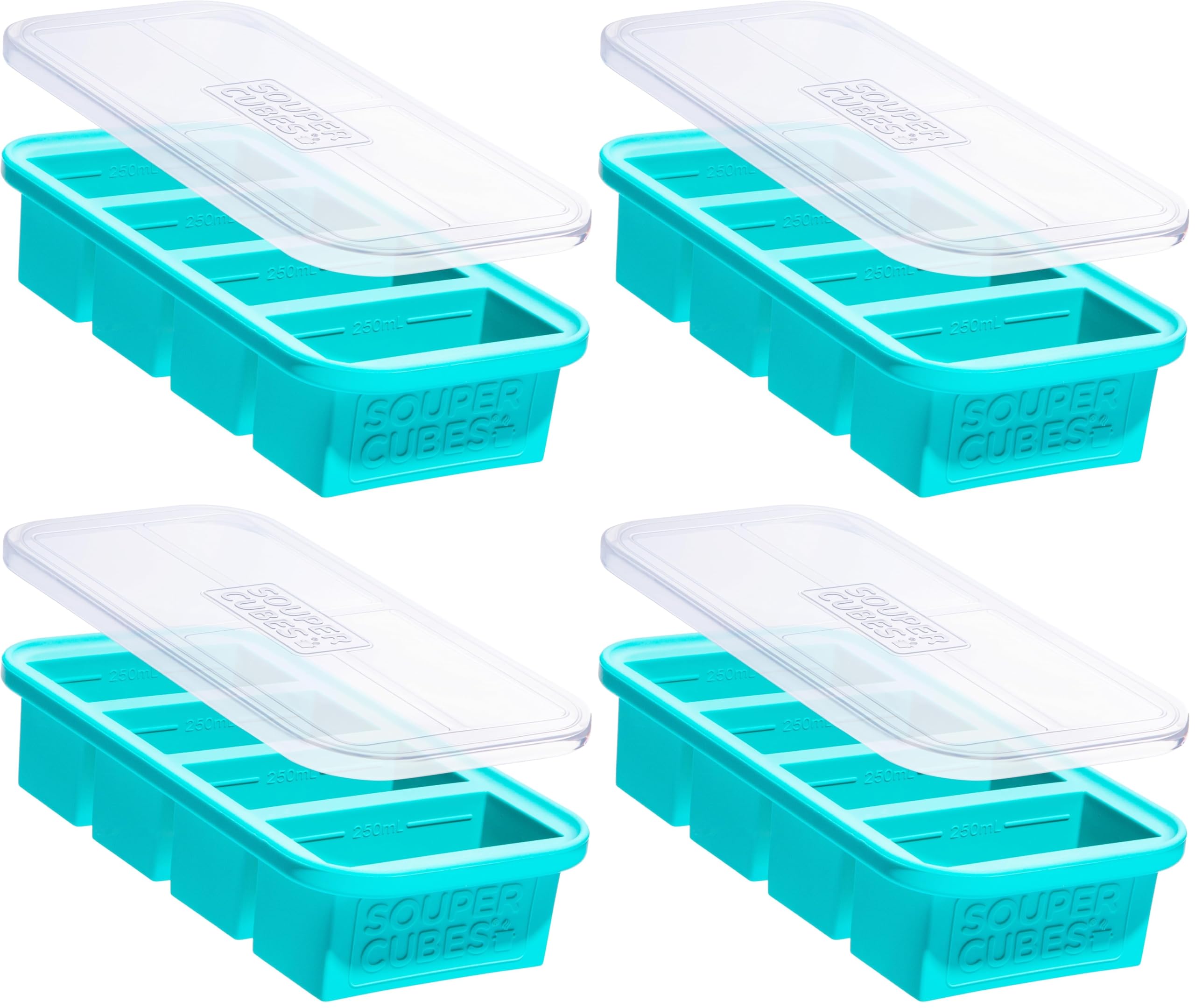 Souper Cubes 1 Cup Silicone Freezer Molds - Soup Cubes Perfect for Freezing Broth, Rice, Leftovers and More - Silicone Freezer Trays with Lids for Meal Prep - Aqua - 4-Pack