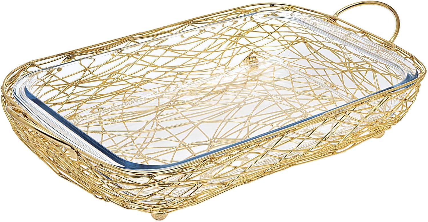 Oven to Table Glass Rectangular Baker, Warmer, Serving Piece with Nest Gold Base – 3 Quart