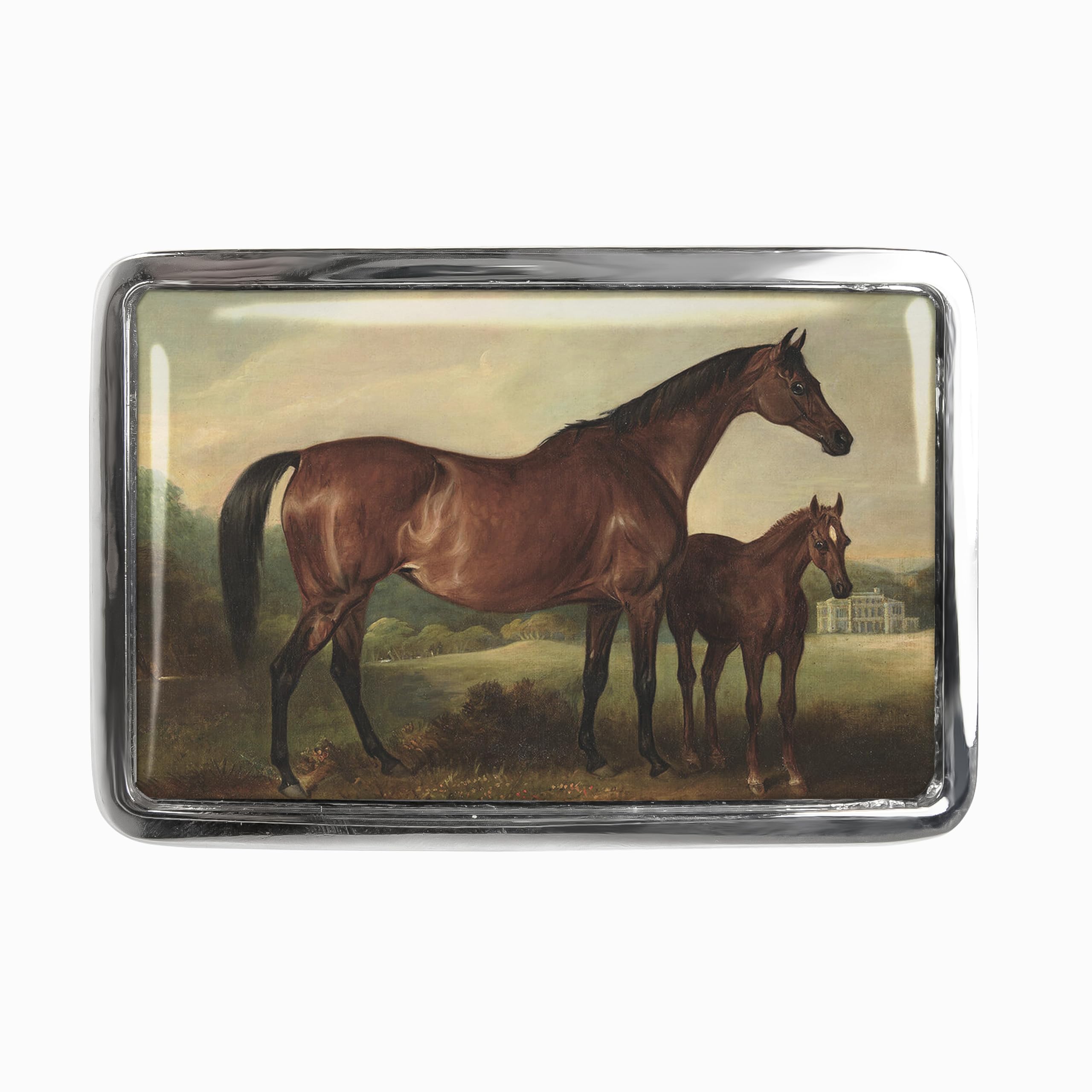 Horses Belt Buckle - Vintage Horses Painting Handmade Belt Buckle - 650 (Shiny Chrome)
