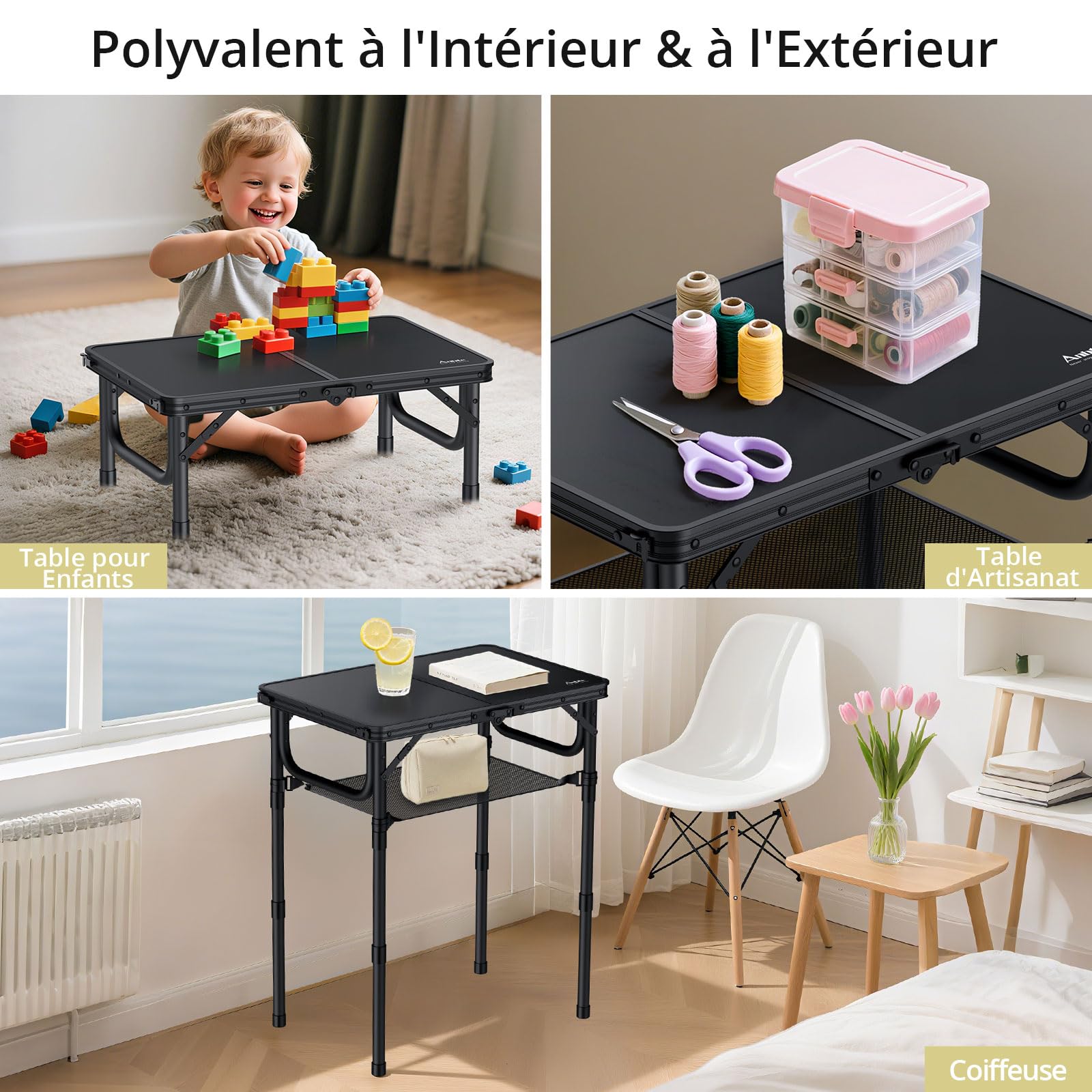 Anbte Table de Camping Pliante avec Filet de Rangement, Table de Pique-Nique Portable en Alliage d'Aluminium Hauteur Réglable en 3 hauteurs pour Intérieur/Extérieur, Cuisine