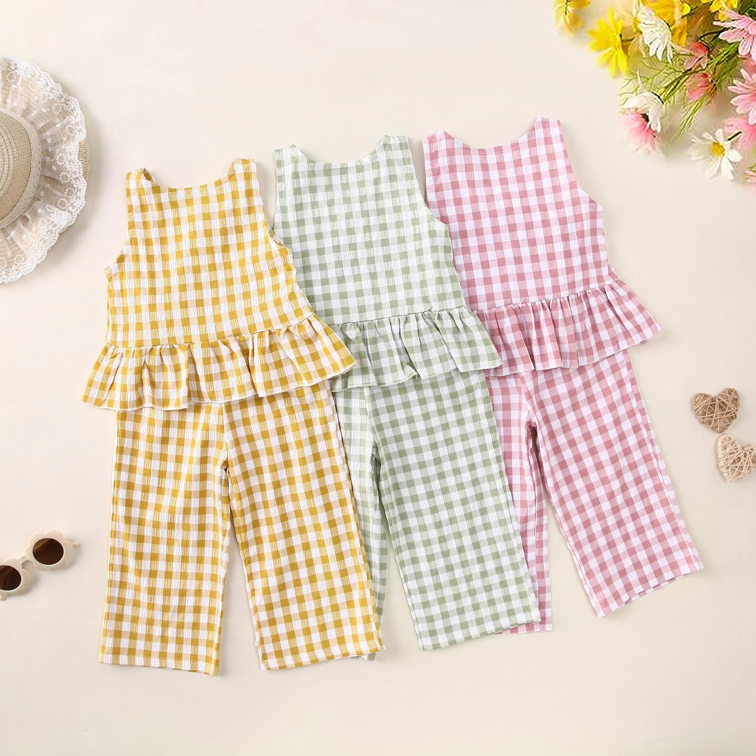 Toddler Girl Clothes Kid Summer Outfit Plaid Sleeveless Vest Shirt Tops Pants Set - Image 7