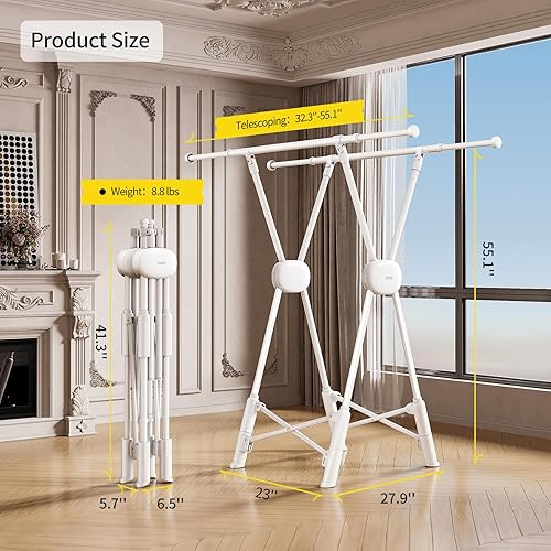 Miniatura 6 de BIREN Tendedero de Secado de Ropa Resistente Percheros de Ropa Tendedero de Lavandería Extensible Dos Modos de Secado Percheros para Secar Ropa,