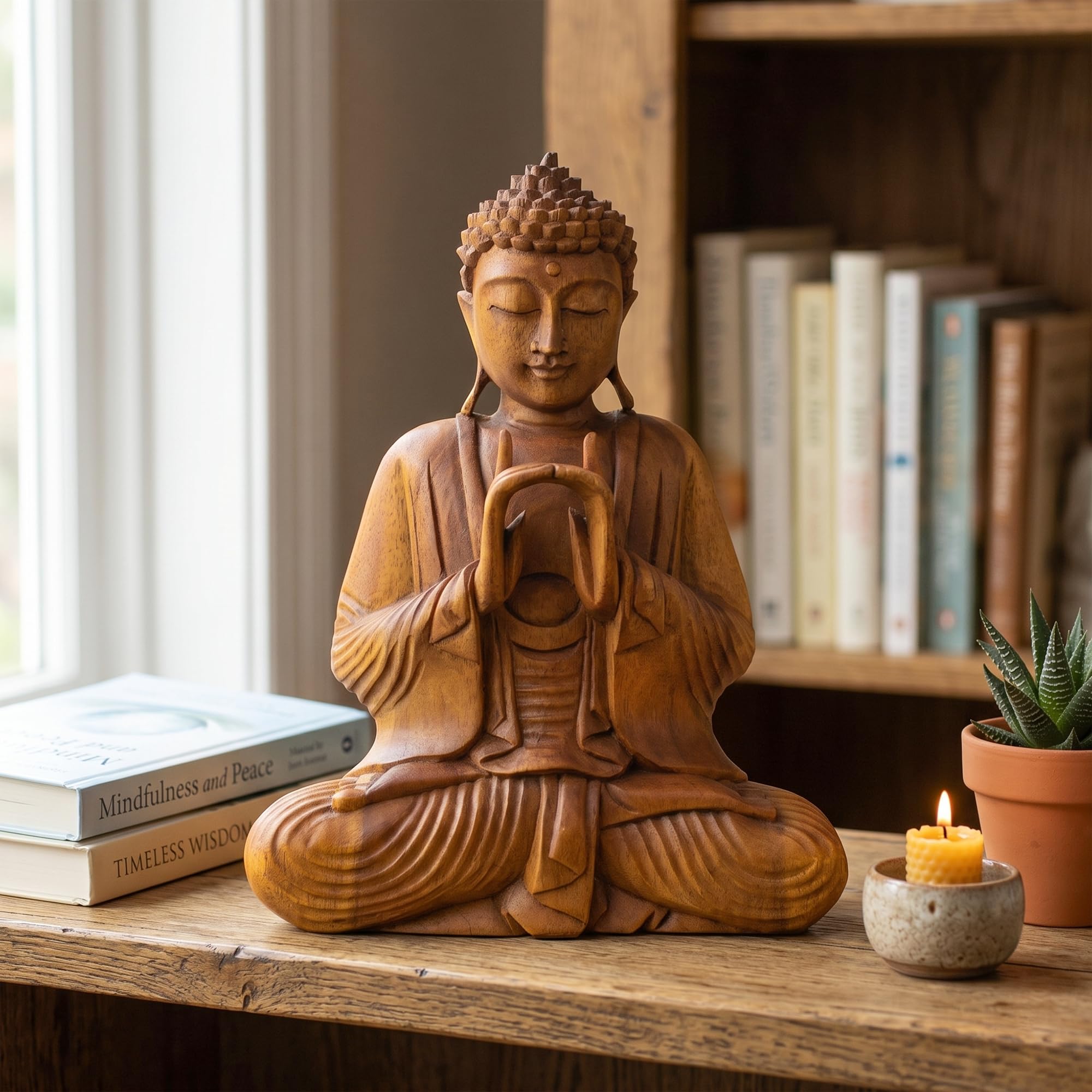 G6 COLLECTION Statue de Bouddha assis serein en bois faite à la main - Sculpture de méditation décorative pour la maison - Cadeau artisanal - Bouddha oriental sculpté à la main - 40,6 cm de haut