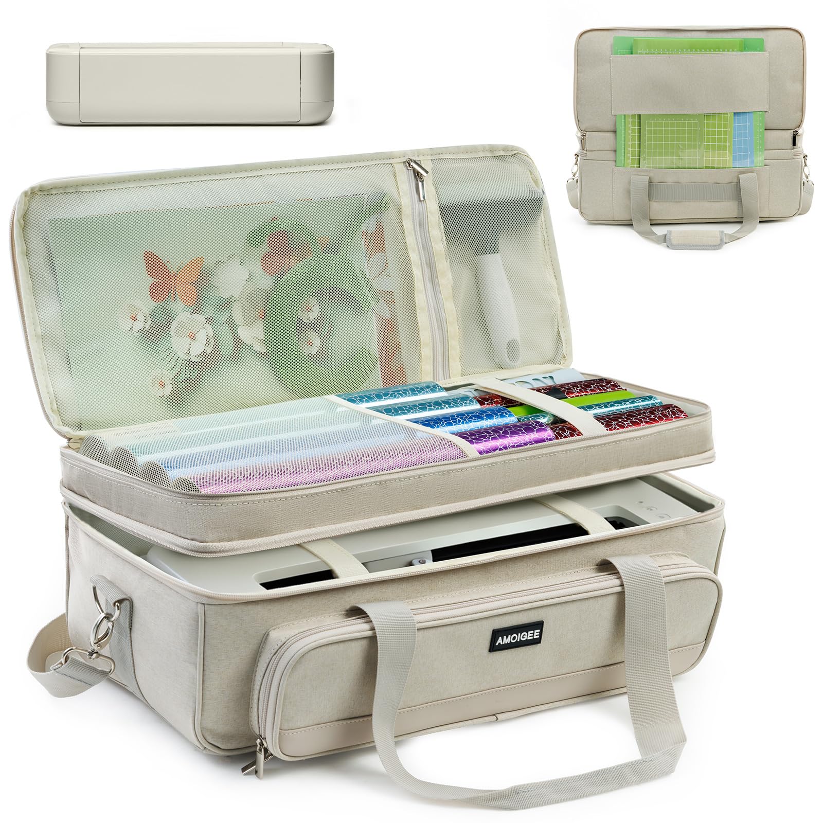 AMOIGEE Doppellagige Tragetasche für Cricut Explore 5, Zubehör und Lieferanten, Aufbewahrungstasche mit Vinyl-Rollen-Organizer, Schneidematten-Tasche, sichere Maschinengurte und reisefreundliches