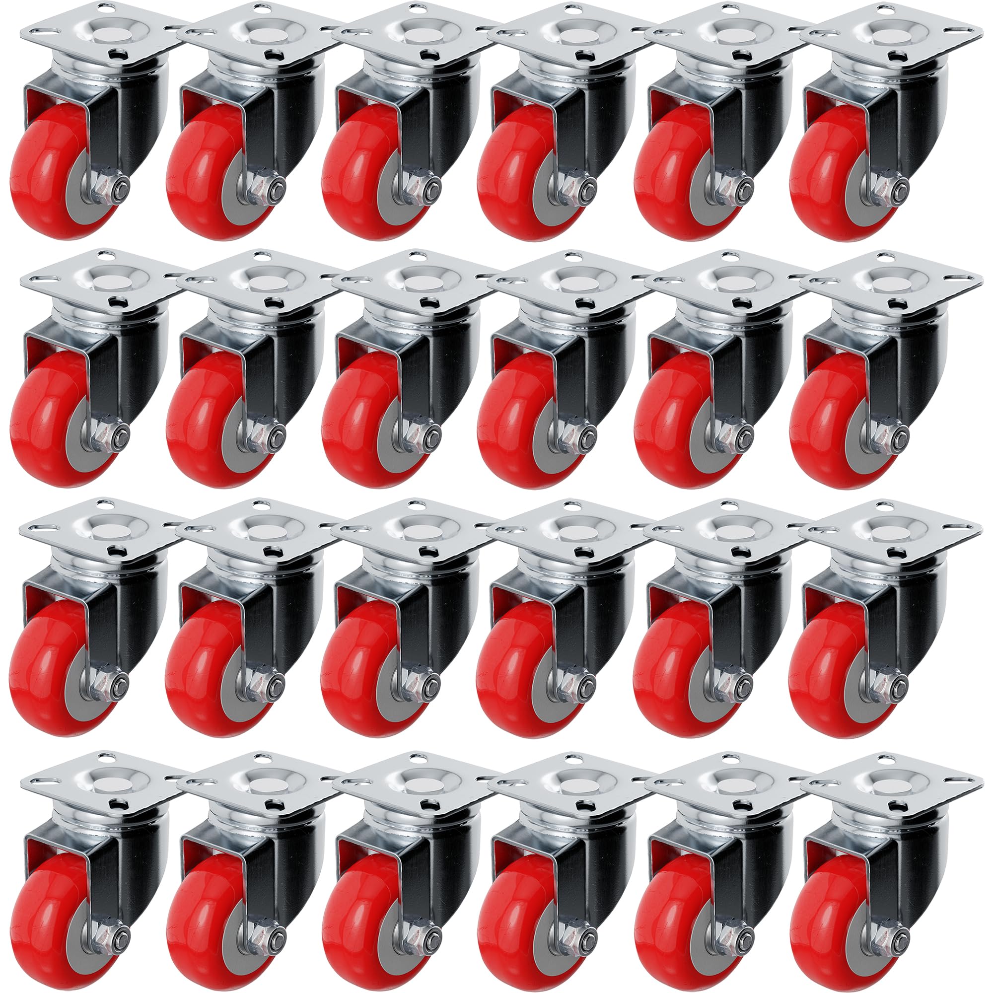 24 Pack 2" Caster Wheels Swivel Plate On Red Polyurethane Wheels (2" no Brake)