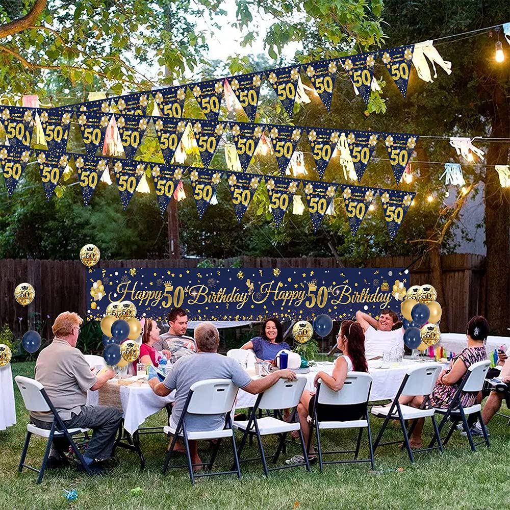50. Geburtstag Deko In Marineblau & Gold – 3 Wimpelketten Mit "Happy 50" Für Die Perfekte Party