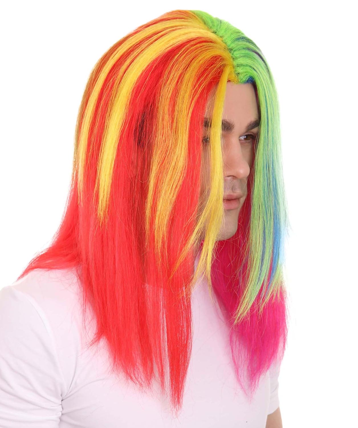 Celebrity-Style Rainbow Wig for Men, Straight Synthetic Fiber for Festivals and Anime Events, Flame-retardant Synthetic Fiber