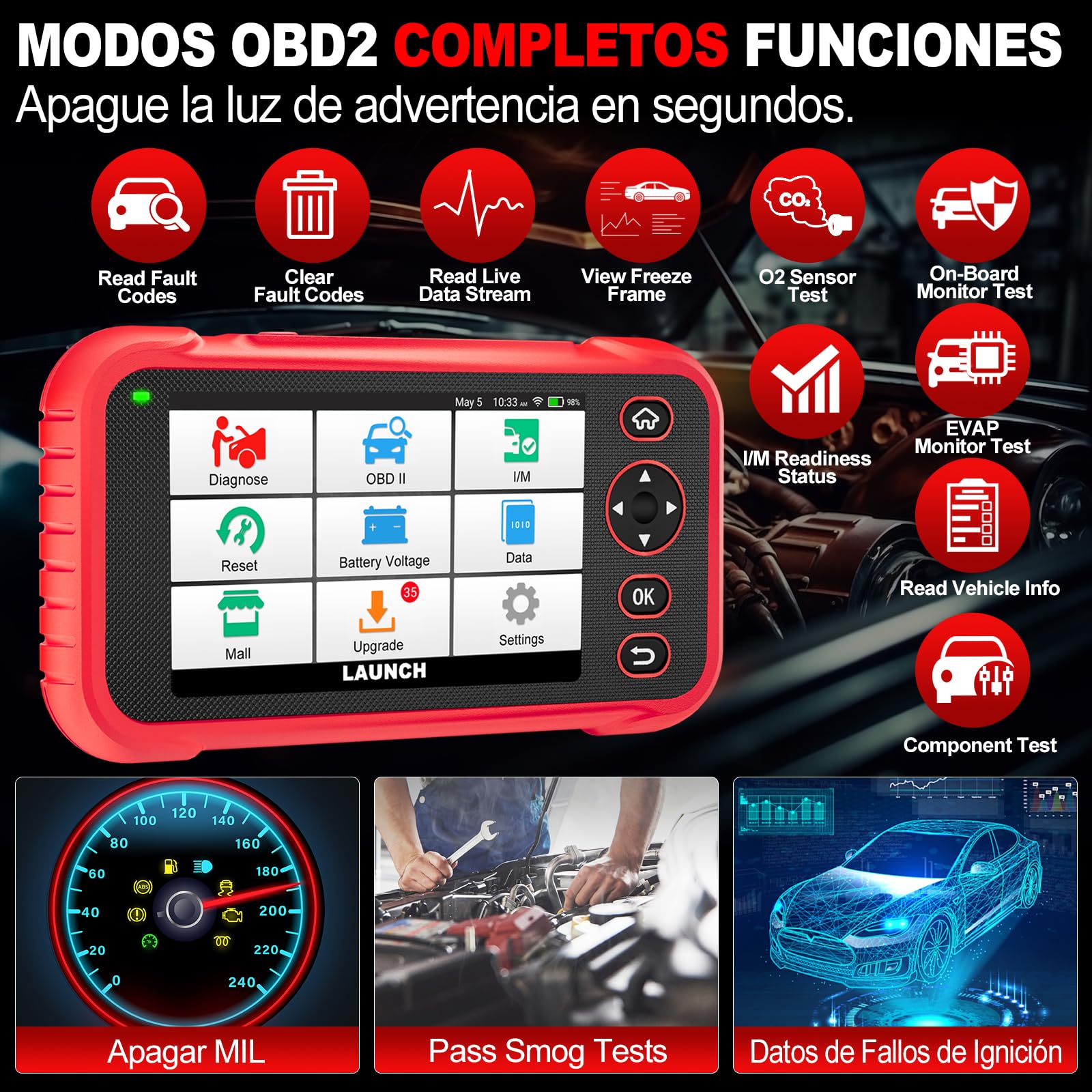 LAUNCH CRP129E Plus V3 OBD2 Diagnosis Coche Todo Sistema con, OBD2 Diagnosis Coche Multimarca, 12+ Reset ABS/Inyectores/Aceite/Acelerador/EPB/DPF/SAS/TPMS/BMS, Actualizaciones Software por Vida.