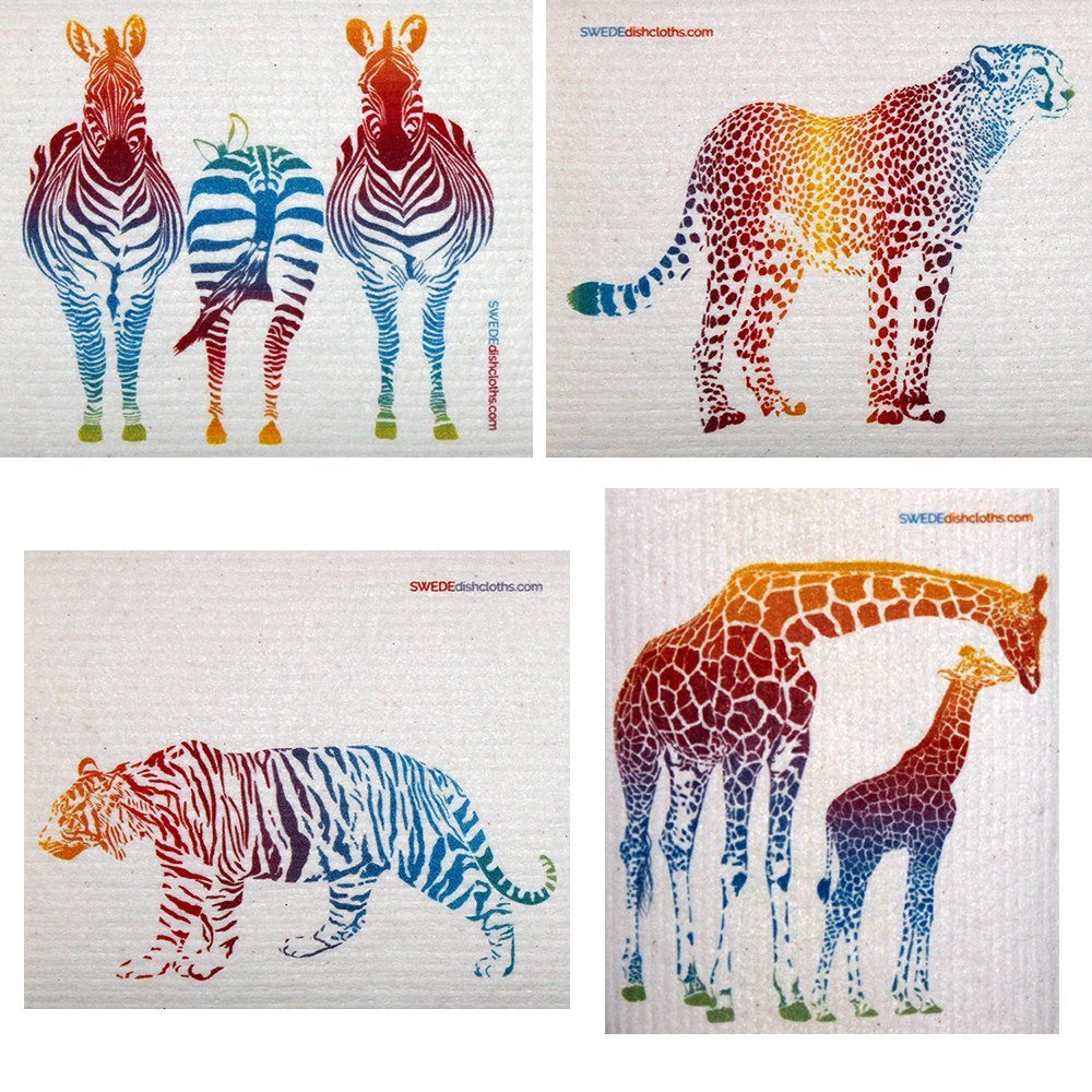 Mixed Colorful Animals Set of 4 Cloths one of Each Design Swedish Dishcloths ECO Friendly Absorbent Cleaning Cloth