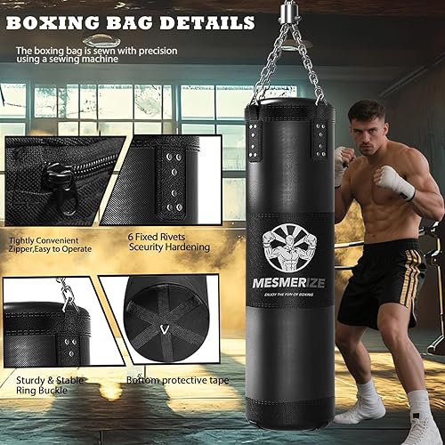 Miniatura 3 de Mesmerize Saco de boxeo para adultos, juego de bolsa de boxeo pesada de 4 pies con envolturas de mano de boxeo de 197 pulgadas para artes marciales