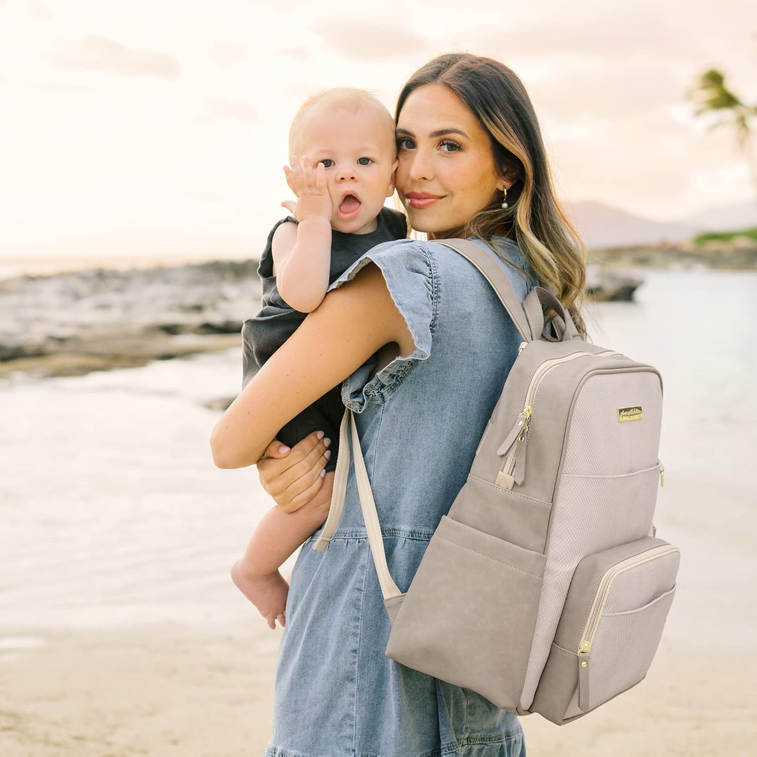 Petunia Pickle Bottom Sync Backpack, Diaper Bag for Parents, Stylish Baby Bag, Spacious Backpack, On-The-Go Moms, Grey Matte Cable Stitch