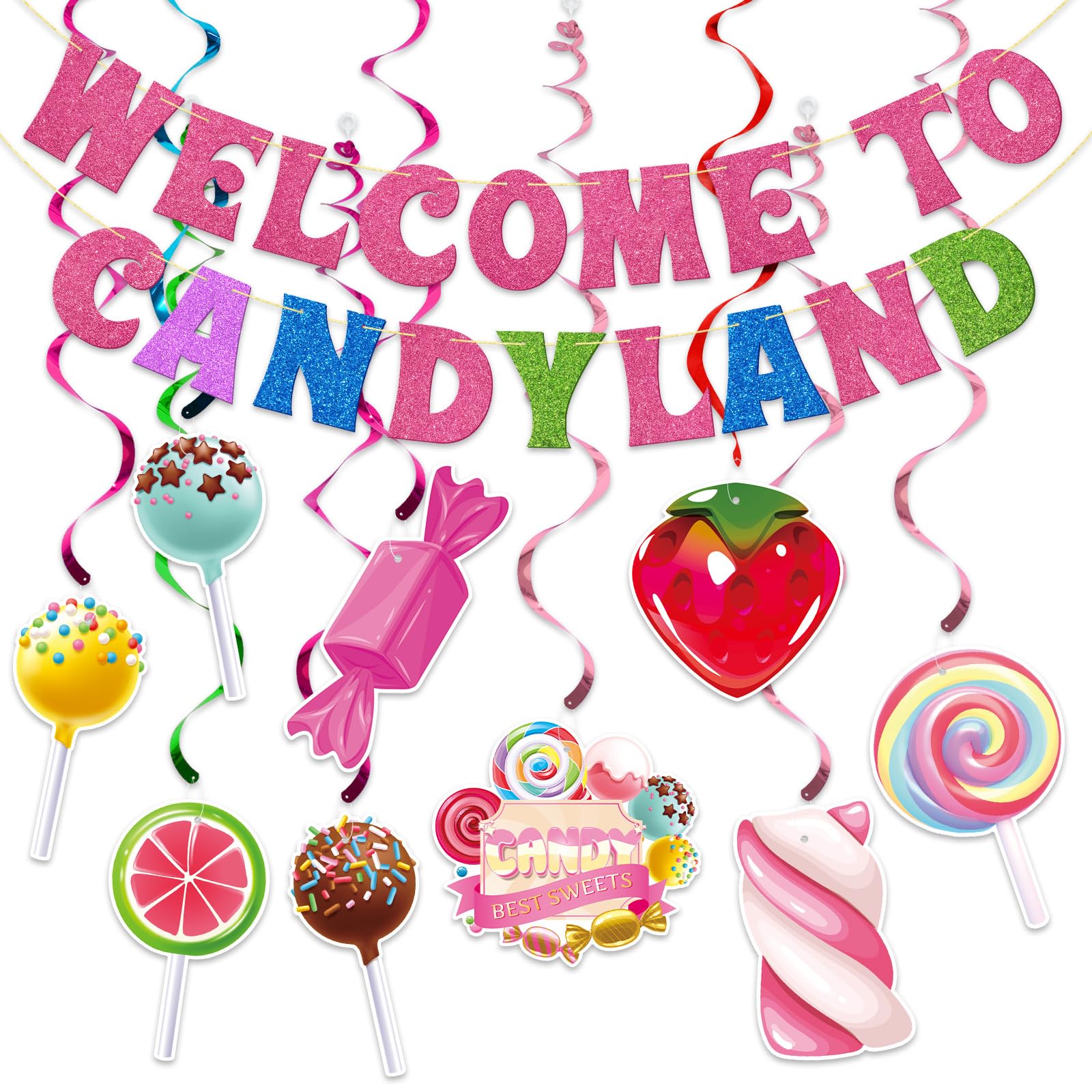 Decoración Colgante Temática Candyland - 48 Piezas De Espirales Y Caramelos De Papel/PVC, Para Fiestas Infantiles