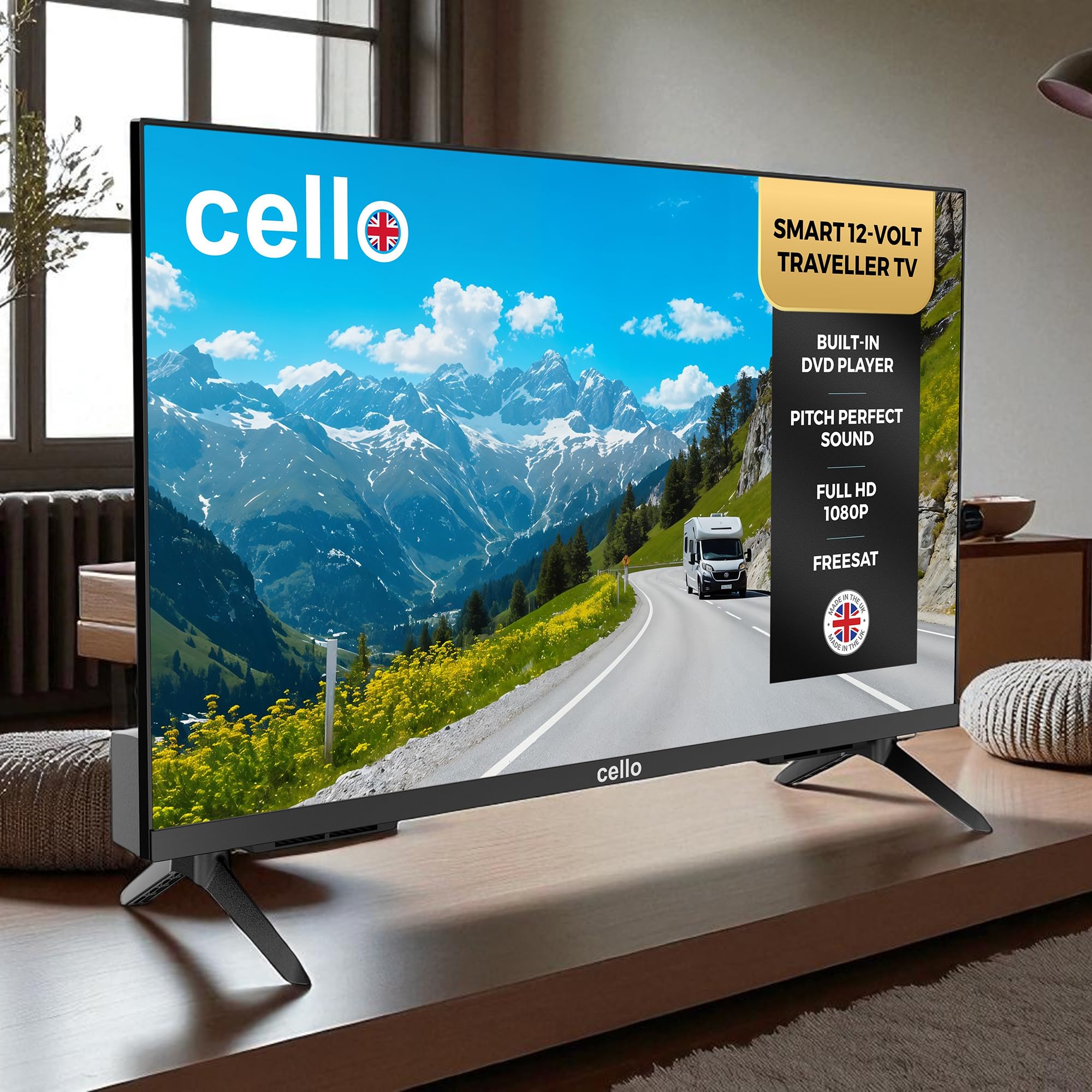 Cello C2725WSF Trav 27 Pulgadas 12 V Smart Traveller TV con DVD, 230 V, WebOS, Freeview Play, Pitch Sound, Ideal para caravanas y autocaravanas