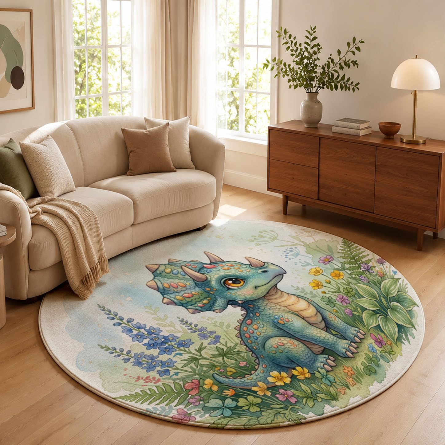 Tapis Salon Rond 100cm Parterre De Fleurs Tricératops Lavable | Antidérapant Poil Ras Tapis Rond Animaux Mignons À L'Aquarelle pour Chambre Salle a Manger Salon Décoration D'intérieur