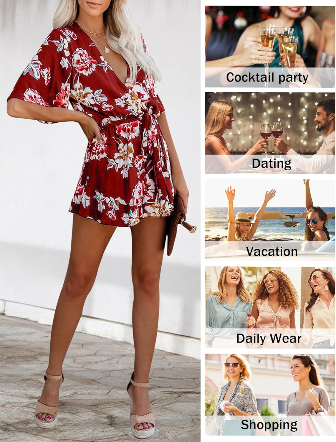 Relipop Women's Summer Romper Floral Print V Neck Flared Half Sleeve Elastic Tie Waist Ruffle Casual Rompers Jumpsuits - Image 5