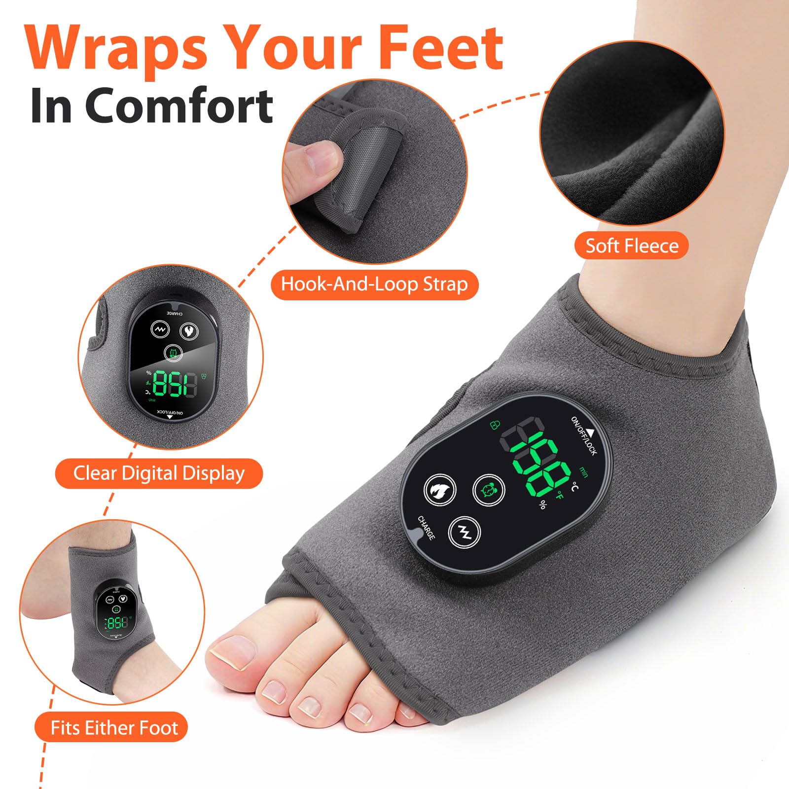 Appareil de Massage et Chauffant pour Pieds et Chevilles – Compresse Chauffante 2-en-1, 6 Niveaux de Chaleur & 3 Modes de Vibration, Rechargeable, Gris