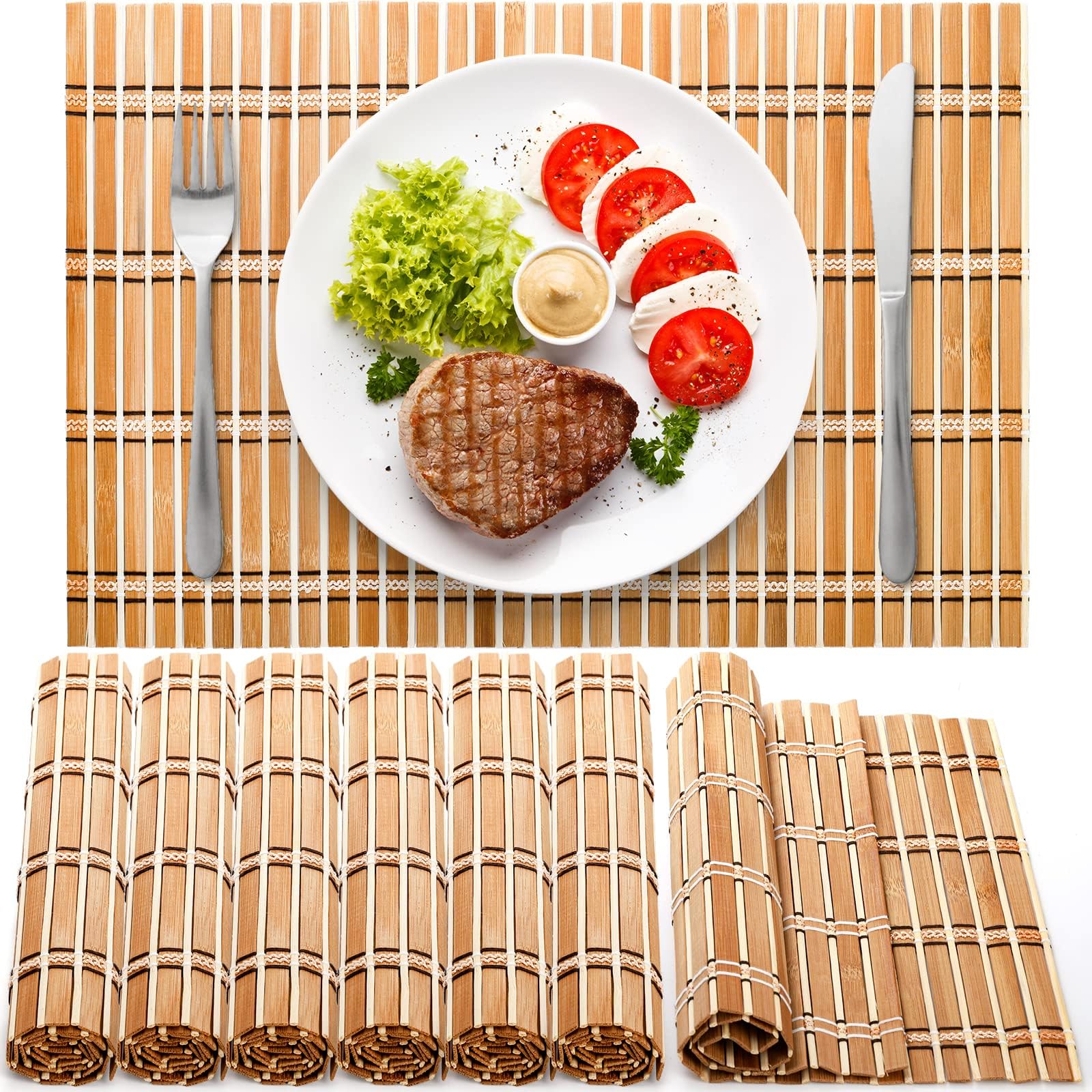 8 Pack Natural Bamboo Placemats, Rustic Anti-Slip and Heat-Resistant Table Mat for Kitchen, Dinning Room, Table Protection