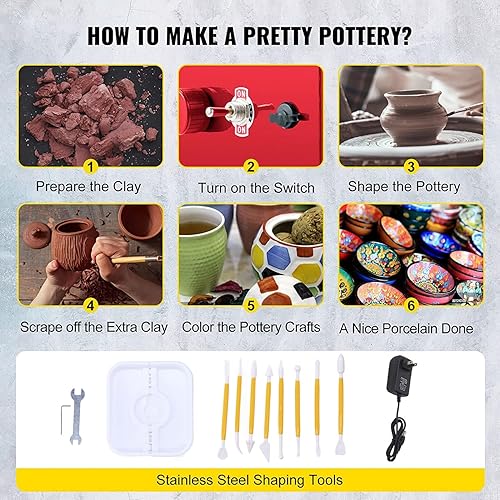 Miniatura 5 de Mini rueda de cerámica, rueda de cerámica ajustable de velocidad de 2000 RPM, kit de manualidades de cerámica, rueda de cerámica con arcilla