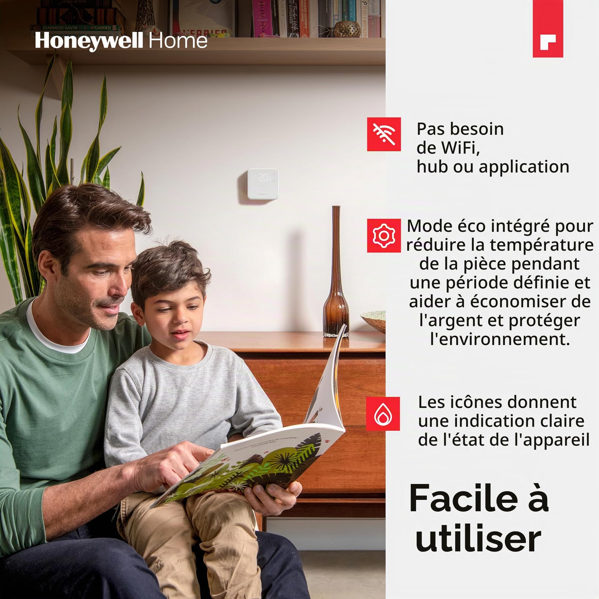 Thermostat d'ambiance Honeywell Home, facile à lire, affichage LED économe en énergie, filaire, noir
