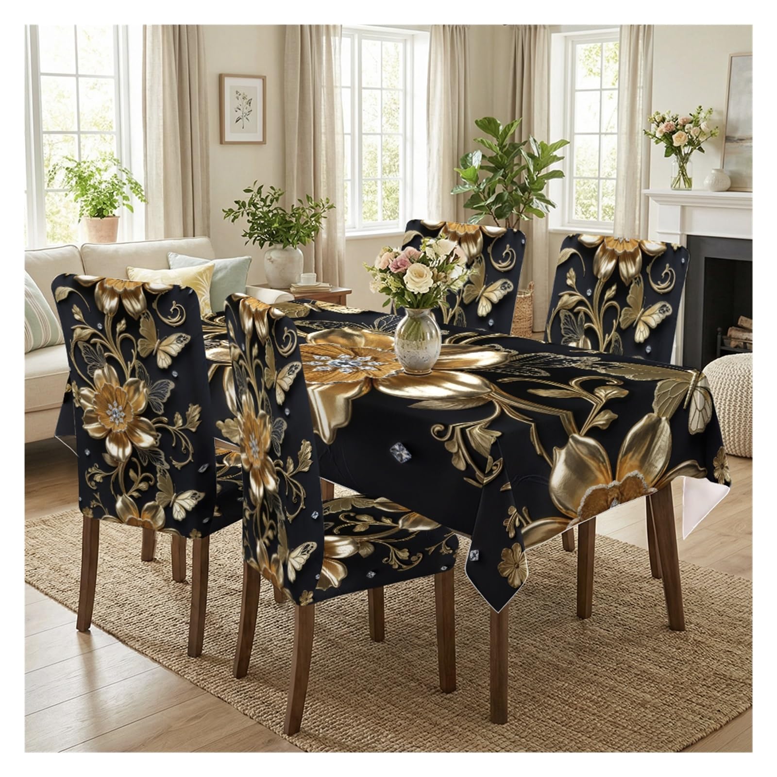 BOSUYBN Black Background Golden Flower Butterfly Dining Tablecloth & Chair Covers Set, 5/7 Piece Luxury Elegant Gothic Farmhouse Dining Decor Table Setting(5pcs Set: Tablecloth+Chair Covers)