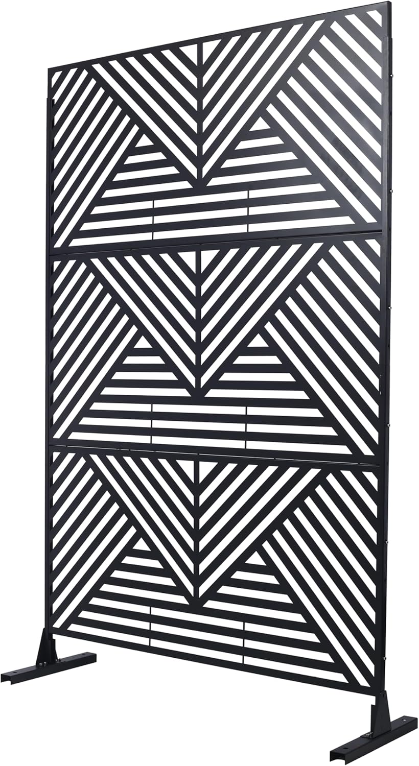 Freestanding Metal Privacy Screen 76 in H x 48 in W – Outdoor Indoor Decorative Fence Panel for Patio Balcony Deck Garden Lawn – Rust-Resistant Black Freestanding Divider