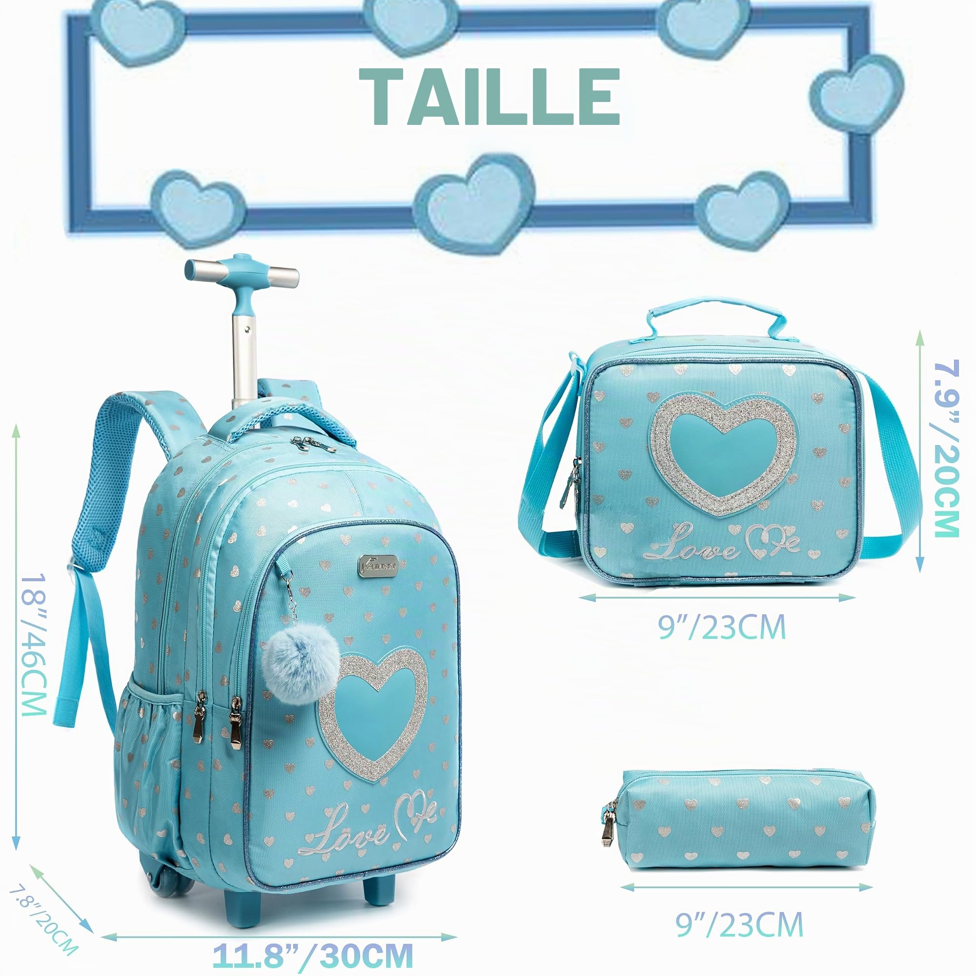 HTgroce Cartable à roulettes pour fille - Sac à dos à roulettes pour fille - Sac à dos d'écolier avec roulettes, Amour bleu, 46 x 30 x 20 cm, Très résistant