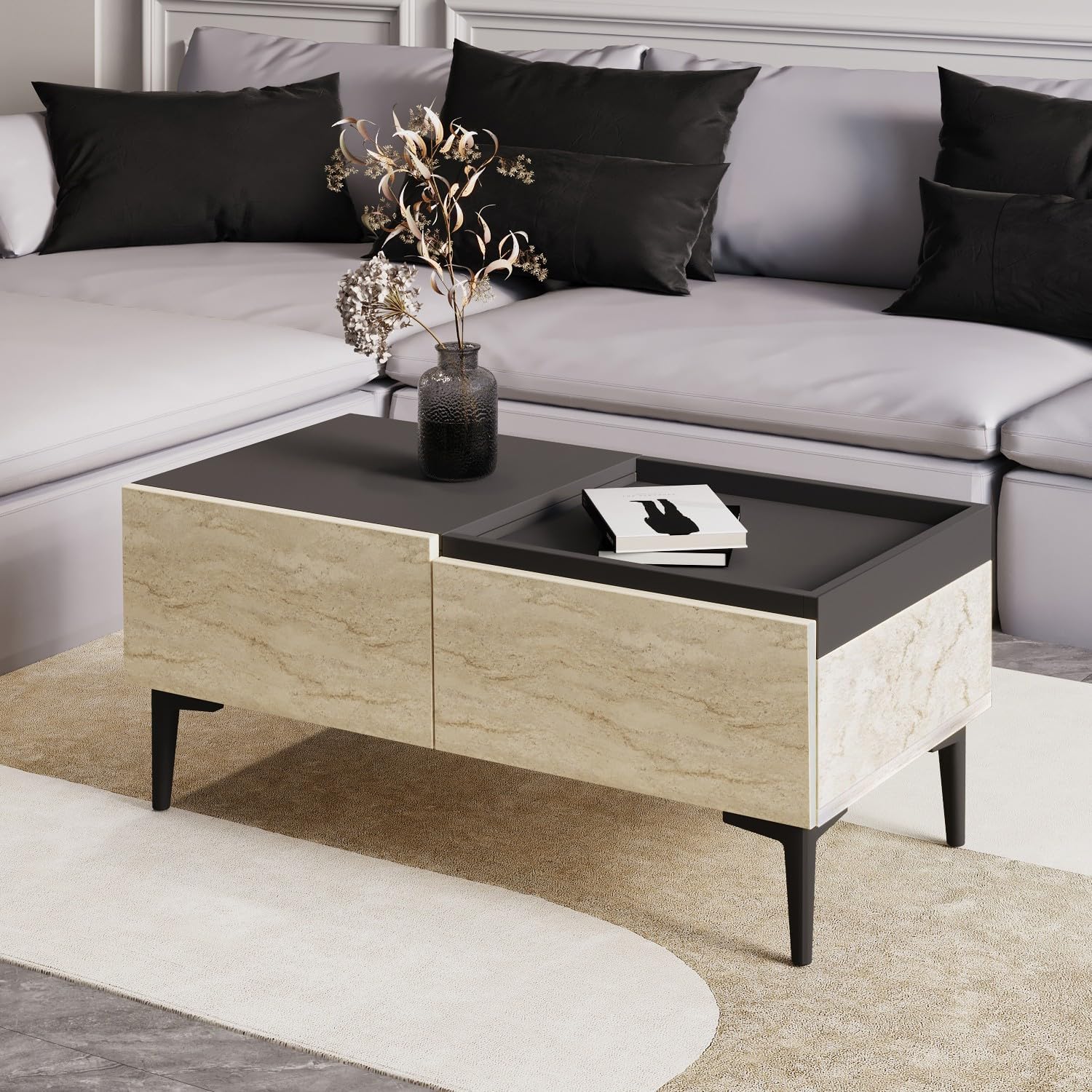 Modern Coffee Table with Additional Storage, Travertine & Anthracite, 91.8 x 38.6 x 45 cm, 100% Melamine Coated Particle Board, 18 mm Thickness, Stylish & Functional Design
