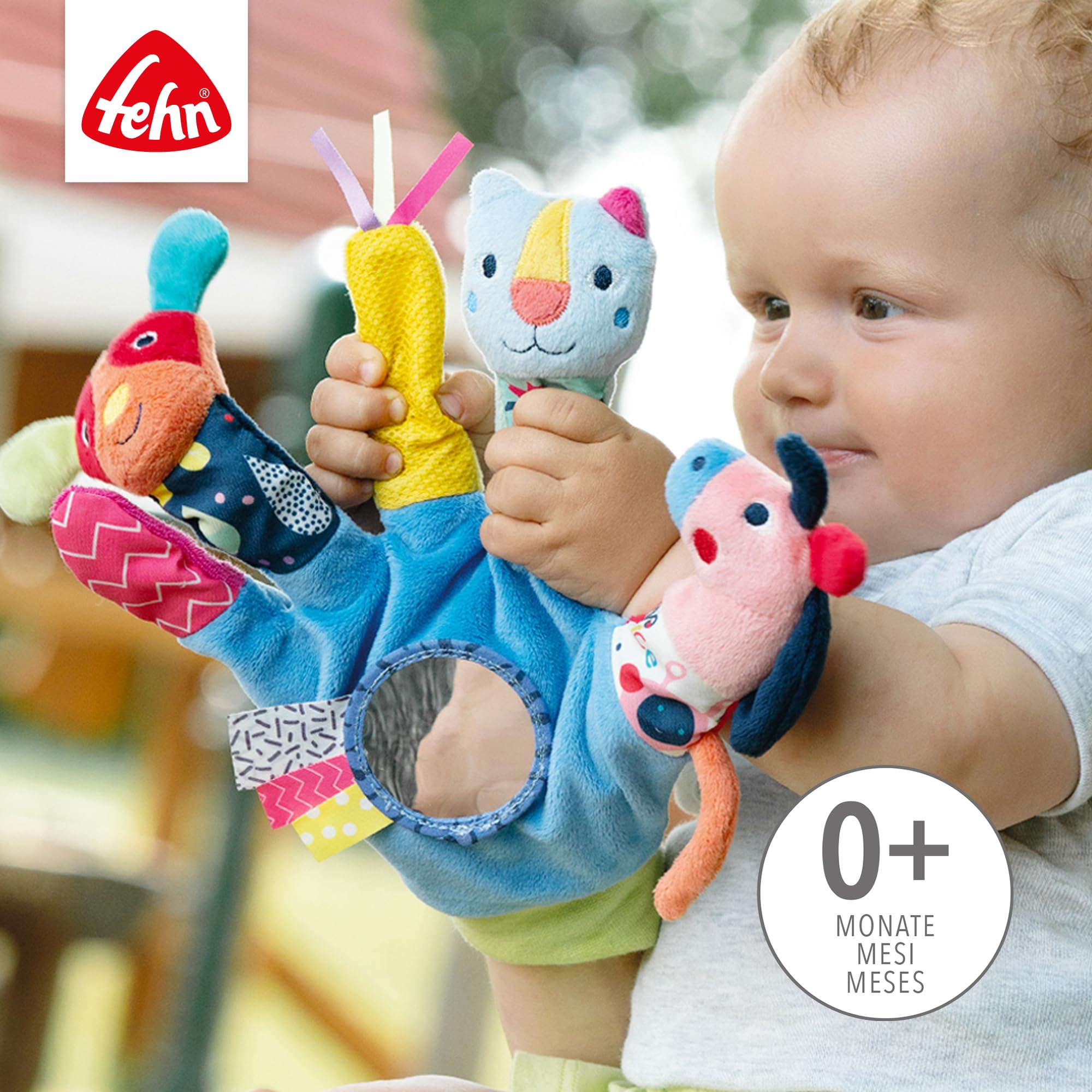 Fehn Guanto da gioco Color Friends - da afferrare e produrre rumori, con sonaglio e squeaker - Burattino per bambini da 0+ mesi