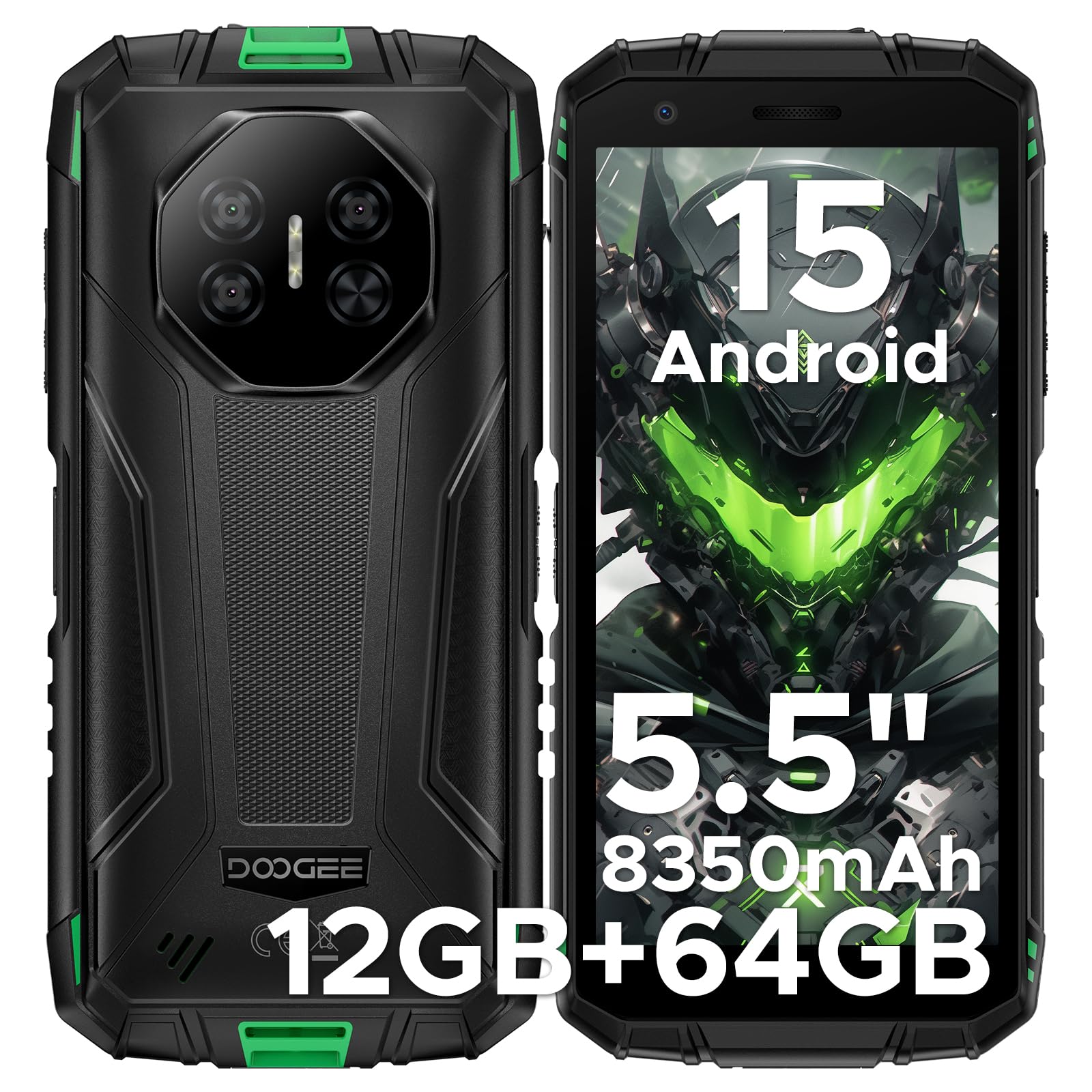 DOOGEE Fire 3 Android 15 Rugged Phone Unlocked,8350mAh Battery,12GB+64GB/2TB,Octa Core Rugged Smartphone,5.5" IPS HD+ Display,13MP+8MP,IP68 Waterproof