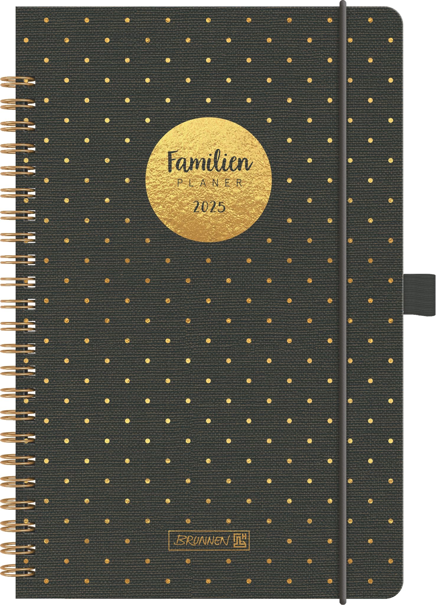 BRUNNEN Buchkalender Familienplaner (2025) „Gold-Punkte“, 2 Seiten = 1 Woche, A5, 192 Seiten, Kunststoff-Einband, dunkelgrau