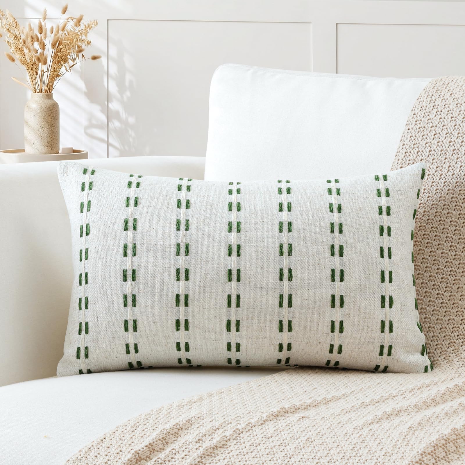 Artscope Pack of 1 Striped Geometric Cushion Cover 40x60cm Soft Lumbar Pillowcase Decorative Farmhouse Accent Couch Throw Pillow Cover for Living Room Bedroom Green + White